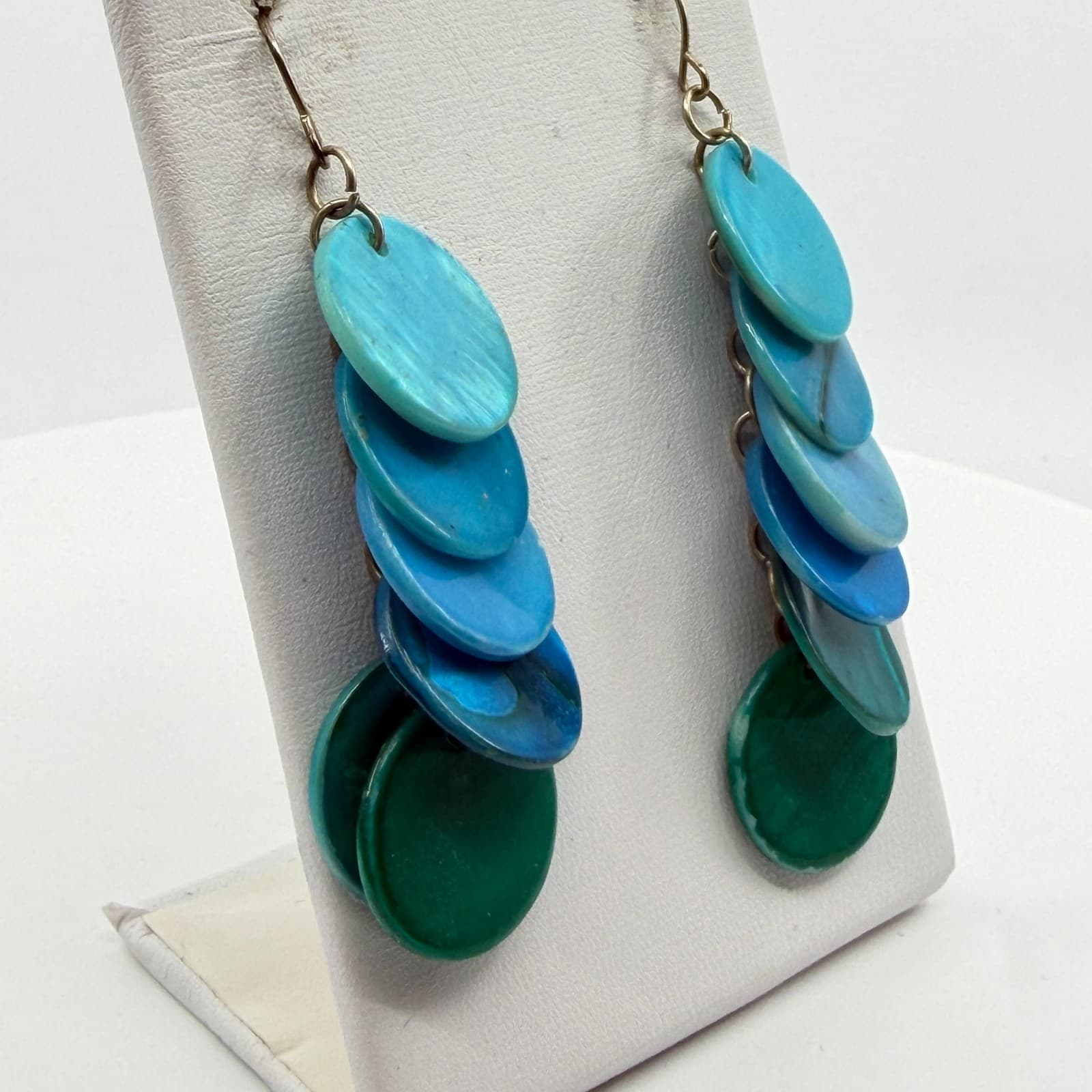 Ombre Blue Nakar Shell Disc Statement Earrings Layer Boho Festival Jewelry Gift - Thumbnail 6