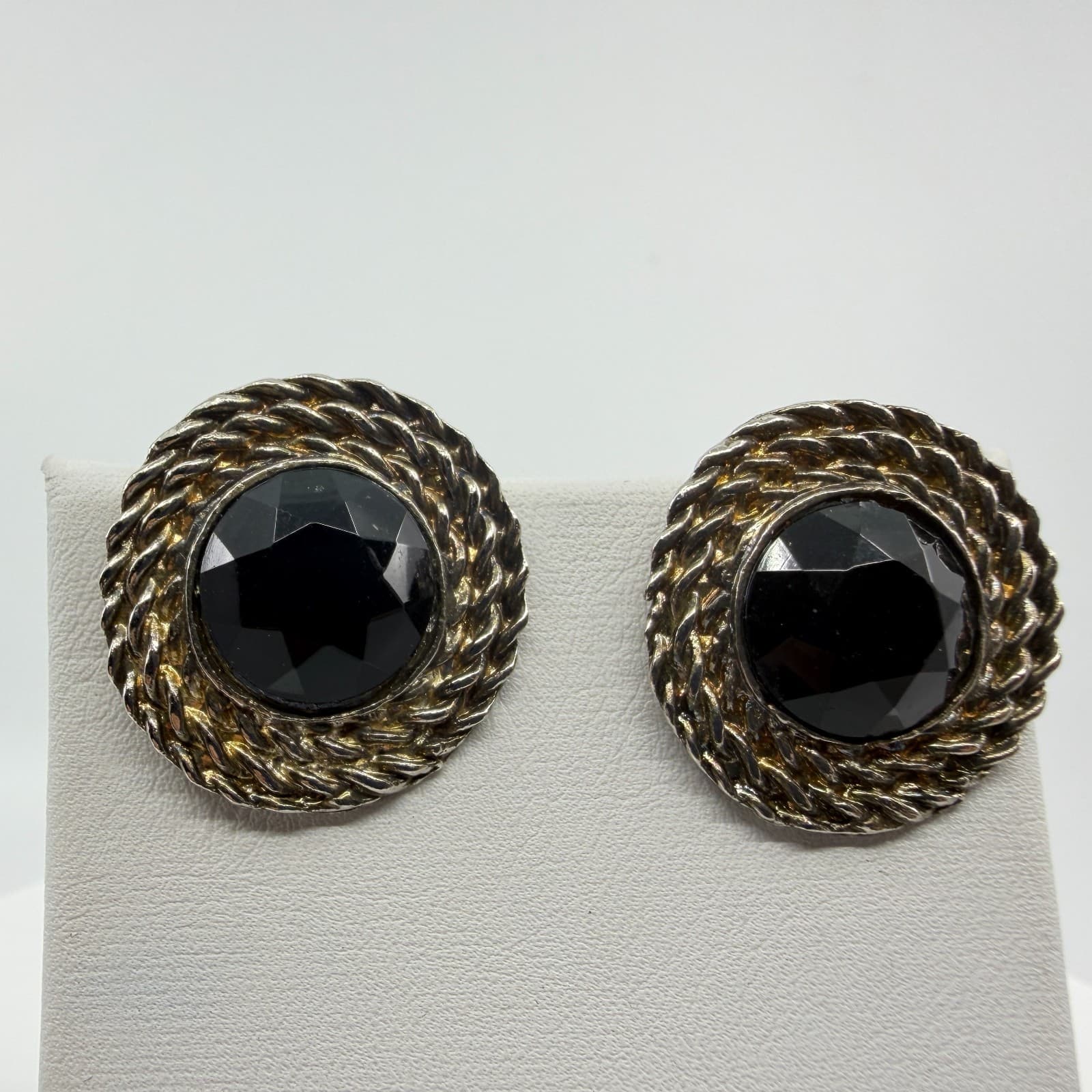 Statement Black Faceted Cabochon Clip On Earrings Silver Tone Rope Edge Gothic
