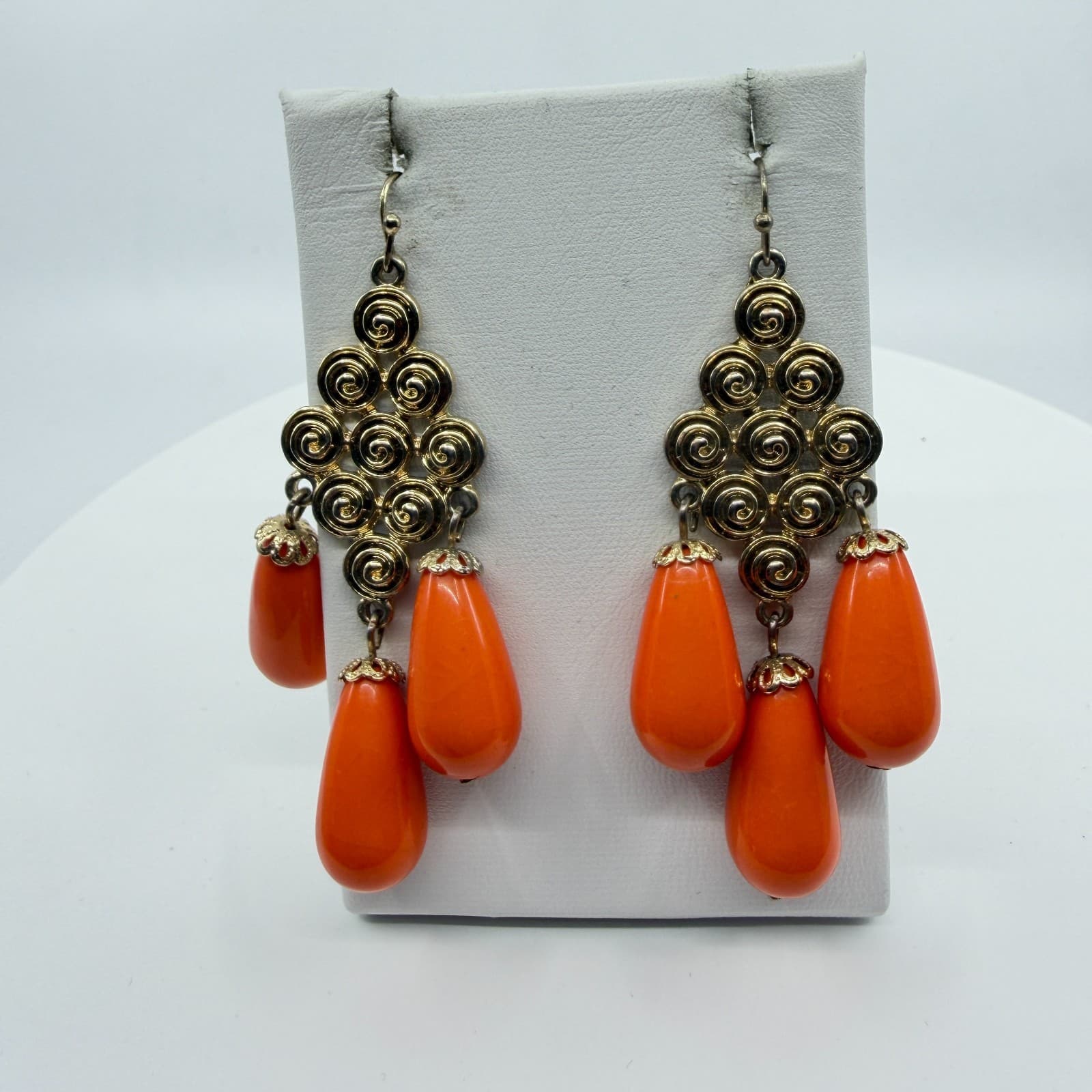 Gold Tone Spiral Statement Dangle Earrings With Bright Orange Teardrop Accents - Thumbnail 9