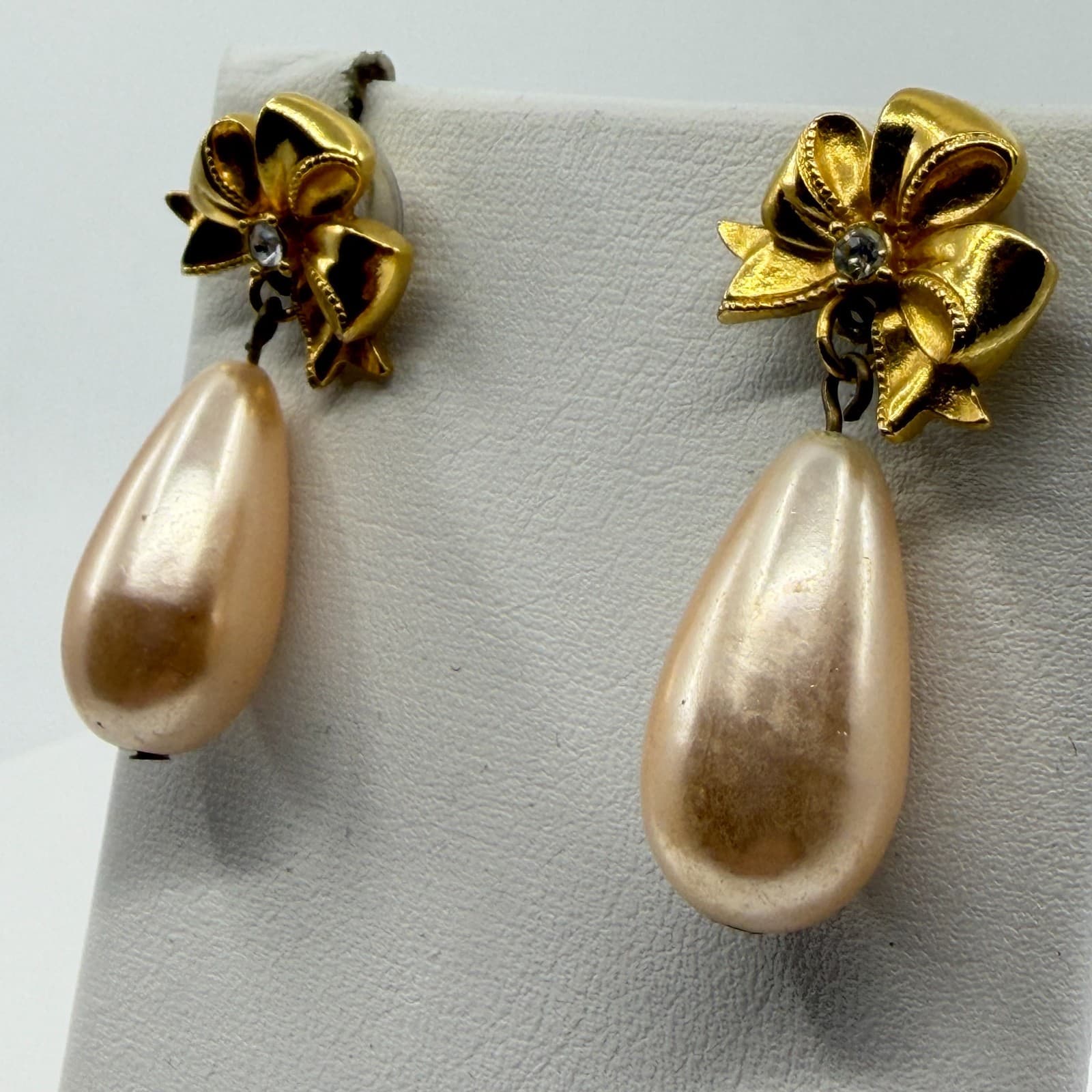 Dainty Gold Tone Bow Drop Earrings Faux Pearl Teardrop Coquette Jewelry Style - Thumbnail 5