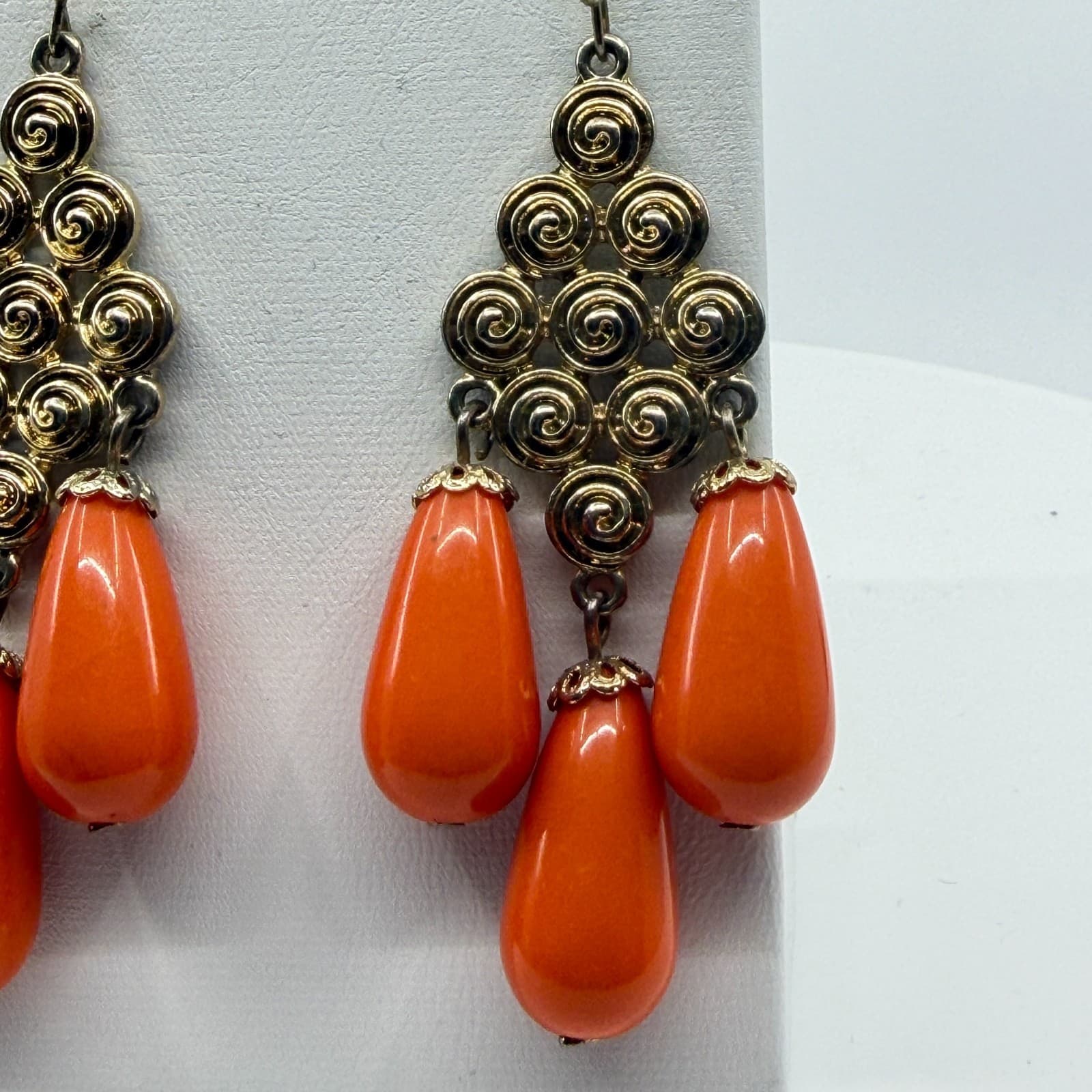 Gold Tone Spiral Statement Dangle Earrings With Bright Orange Teardrop Accents - Thumbnail 11