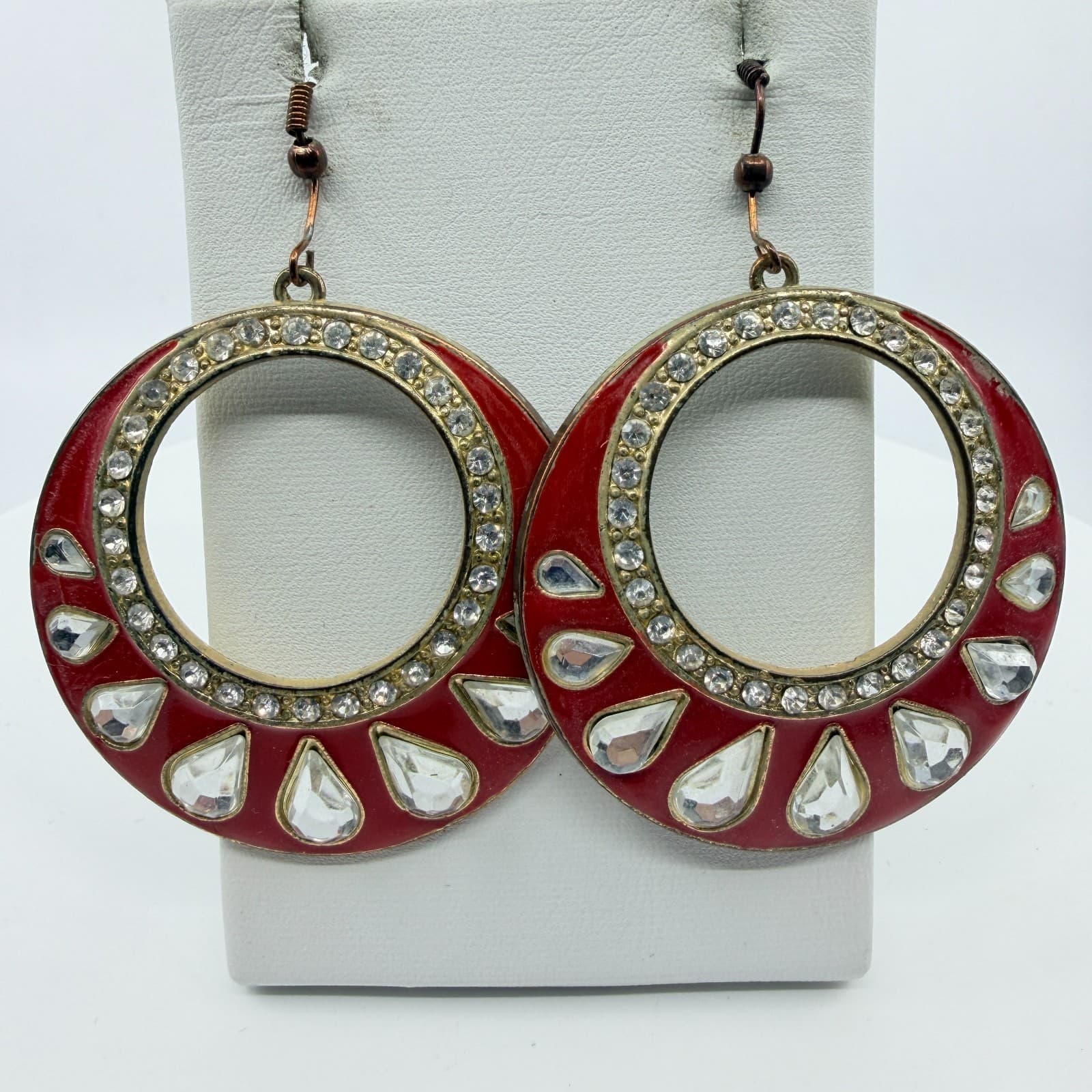 Vibrant Red Enamel Hoop Earrings Statement Crystal Boho Chic Festival Jewelry - Thumbnail 5