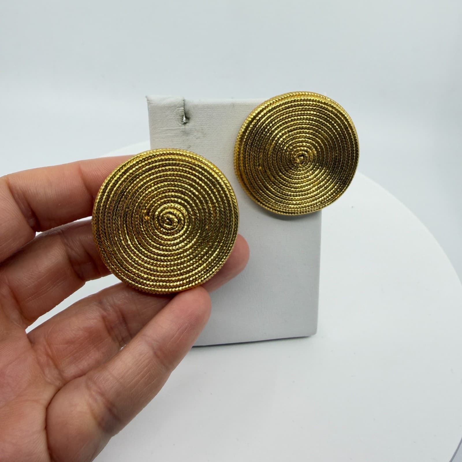 Gold Tone Textured Spiral Statement Stud Earrings Chunky Boho Festival Jewelry - Thumbnail 4