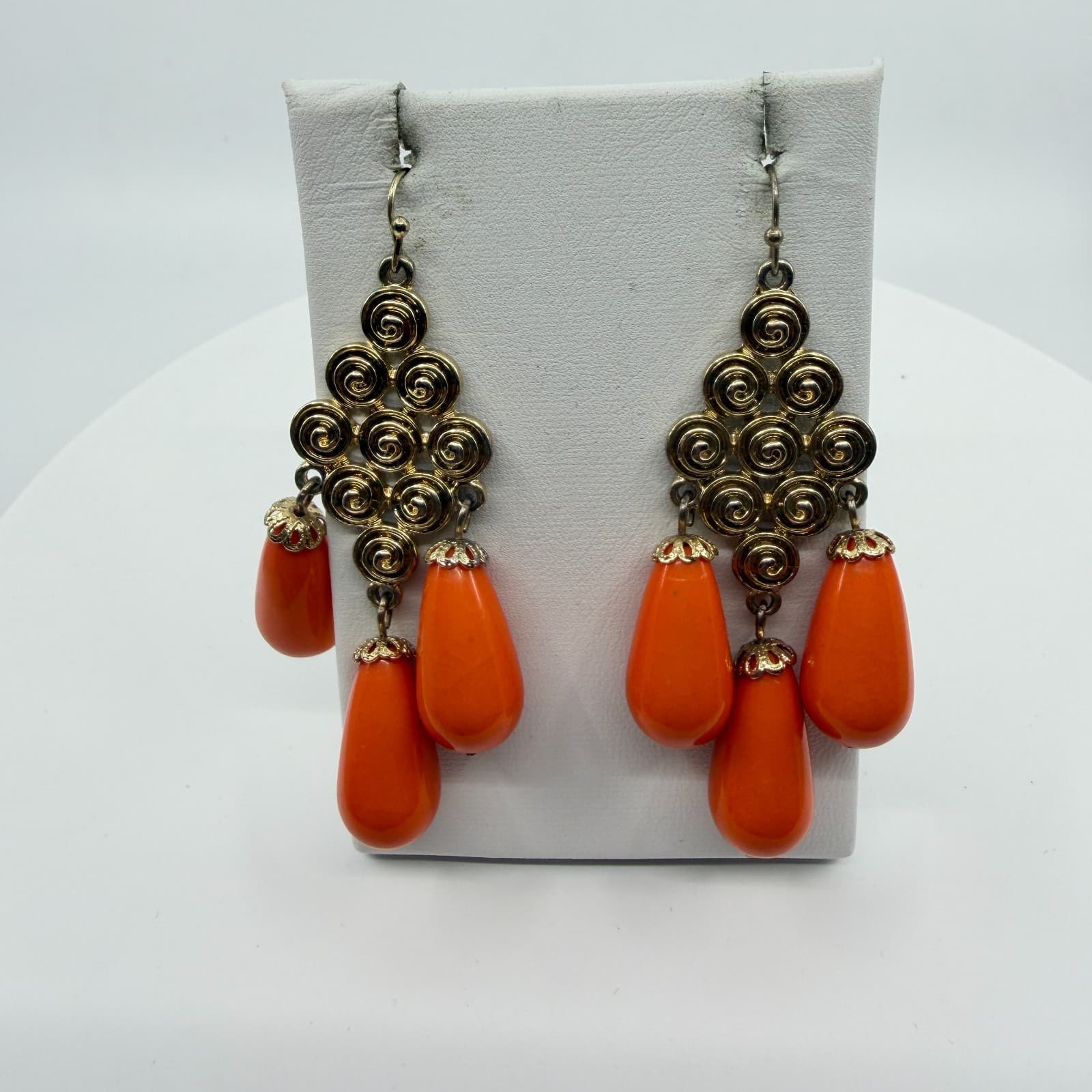 Gold Tone Spiral Statement Dangle Earrings With Bright Orange Teardrop Accents - Thumbnail 3