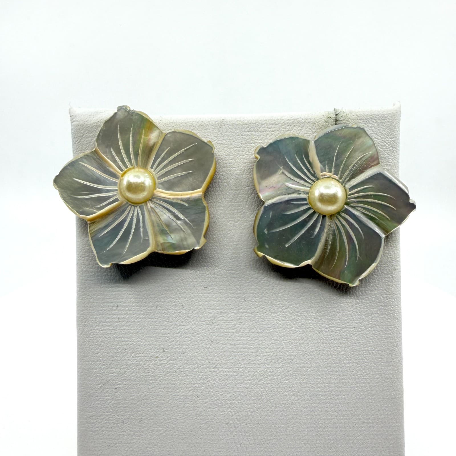 Carved Mother of Pearl Flower Stud Earring with Faux Pearl Center Boho Chic Gift