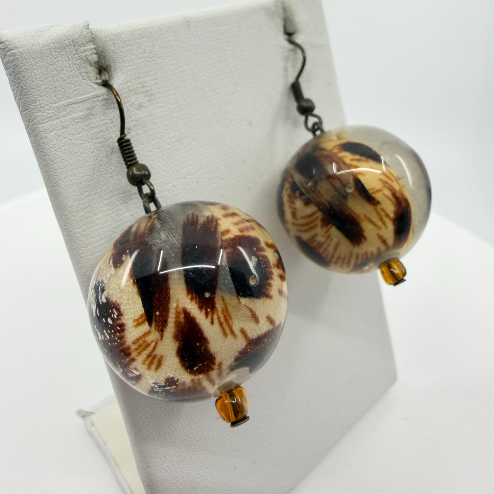 Y2K Bold Leopard Print Resin Sphere Dangle Earring Statement Boho Animal Pattern - Thumbnail 3
