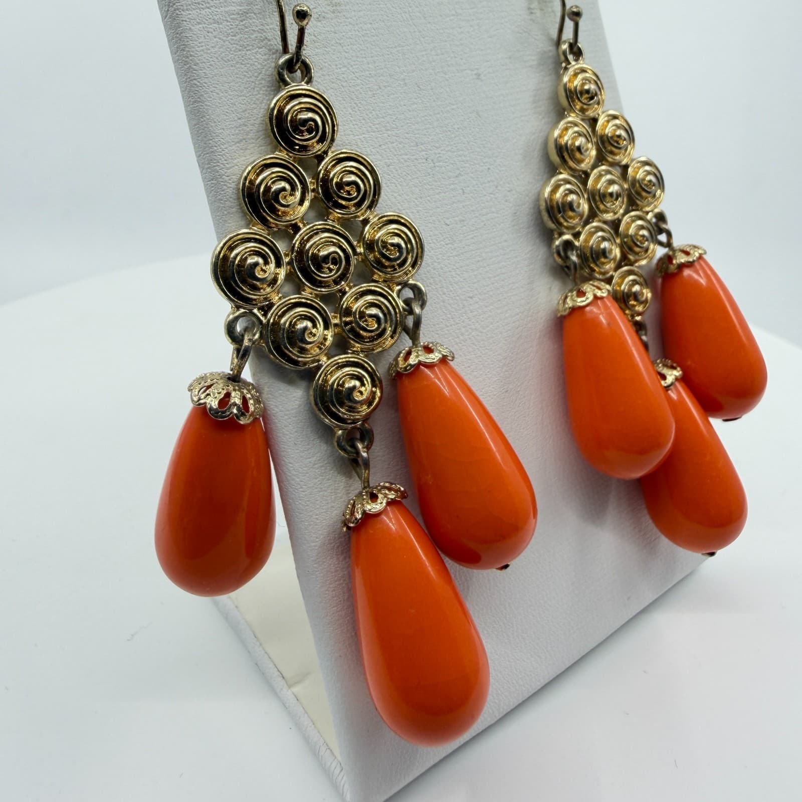 Gold Tone Spiral Statement Dangle Earrings With Bright Orange Teardrop Accents - Thumbnail 4
