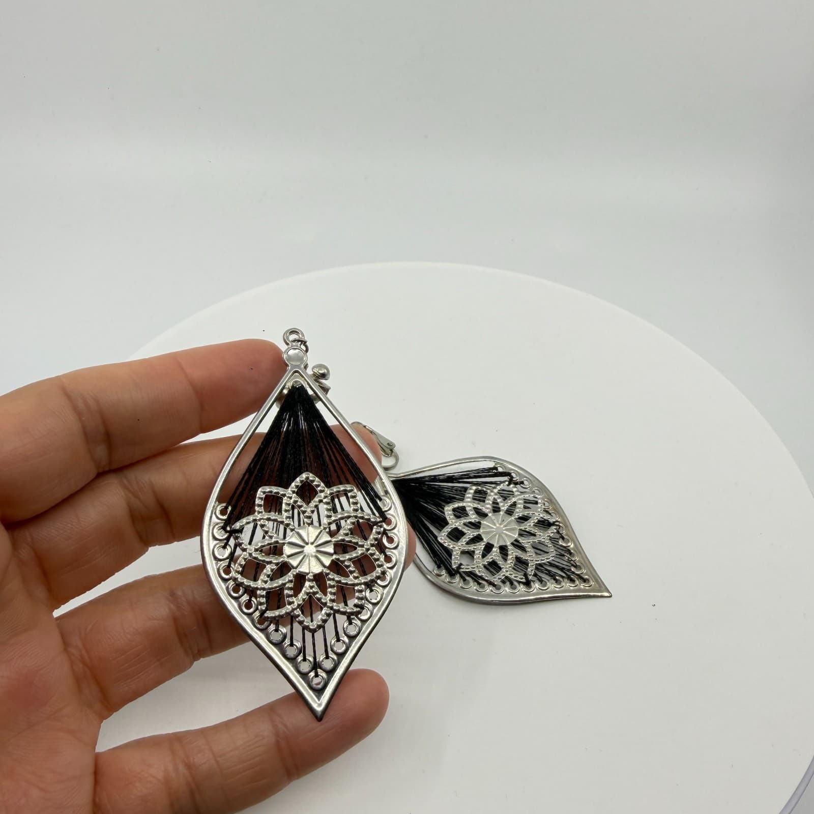 Silver Tone Black Thread Geometric Dangle Clip On Earrings Statement Boho Style - Thumbnail 2