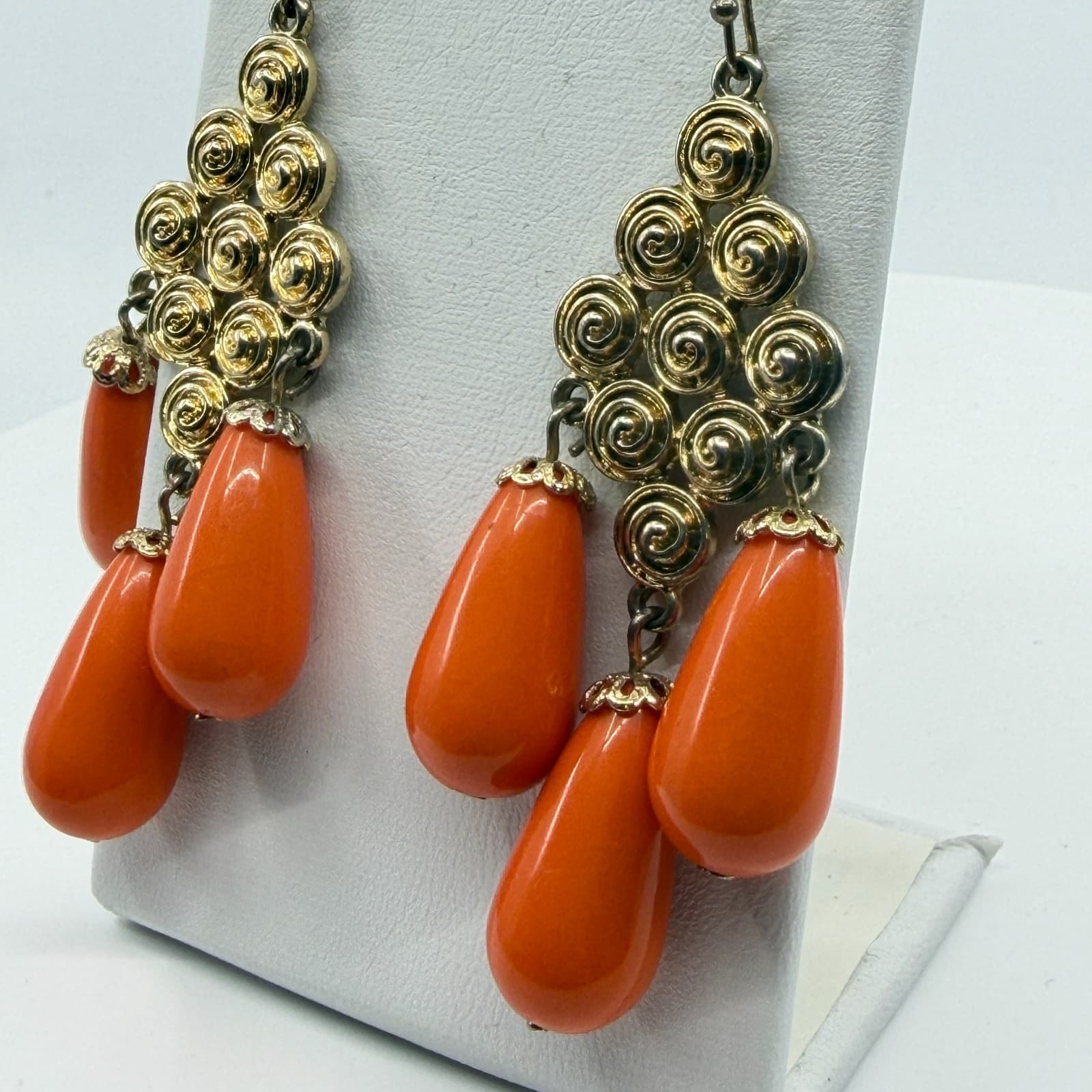 Gold Tone Spiral Statement Dangle Earrings With Bright Orange Teardrop Accents - Thumbnail 12