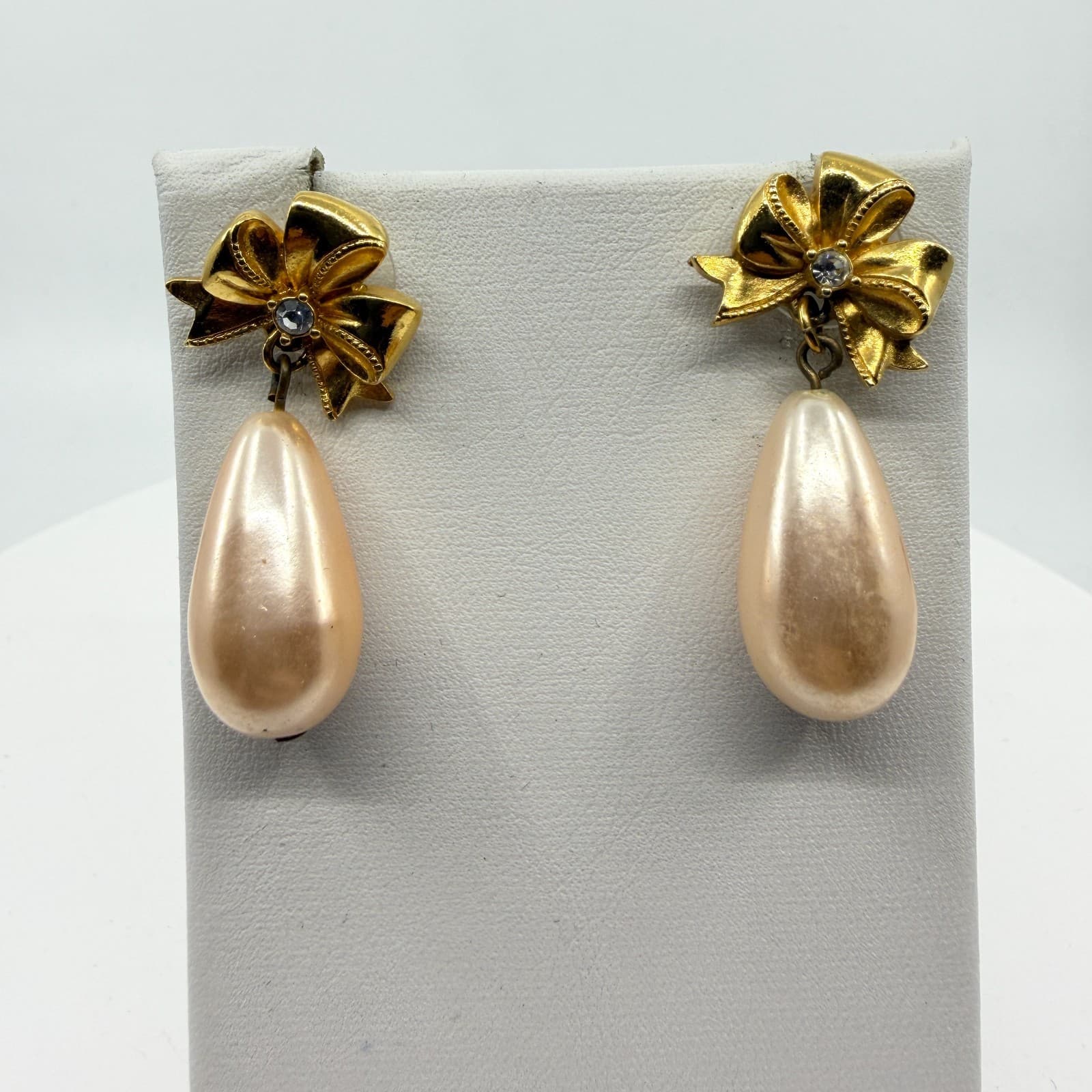 Dainty Gold Tone Bow Drop Earrings Faux Pearl Teardrop Coquette Jewelry Style