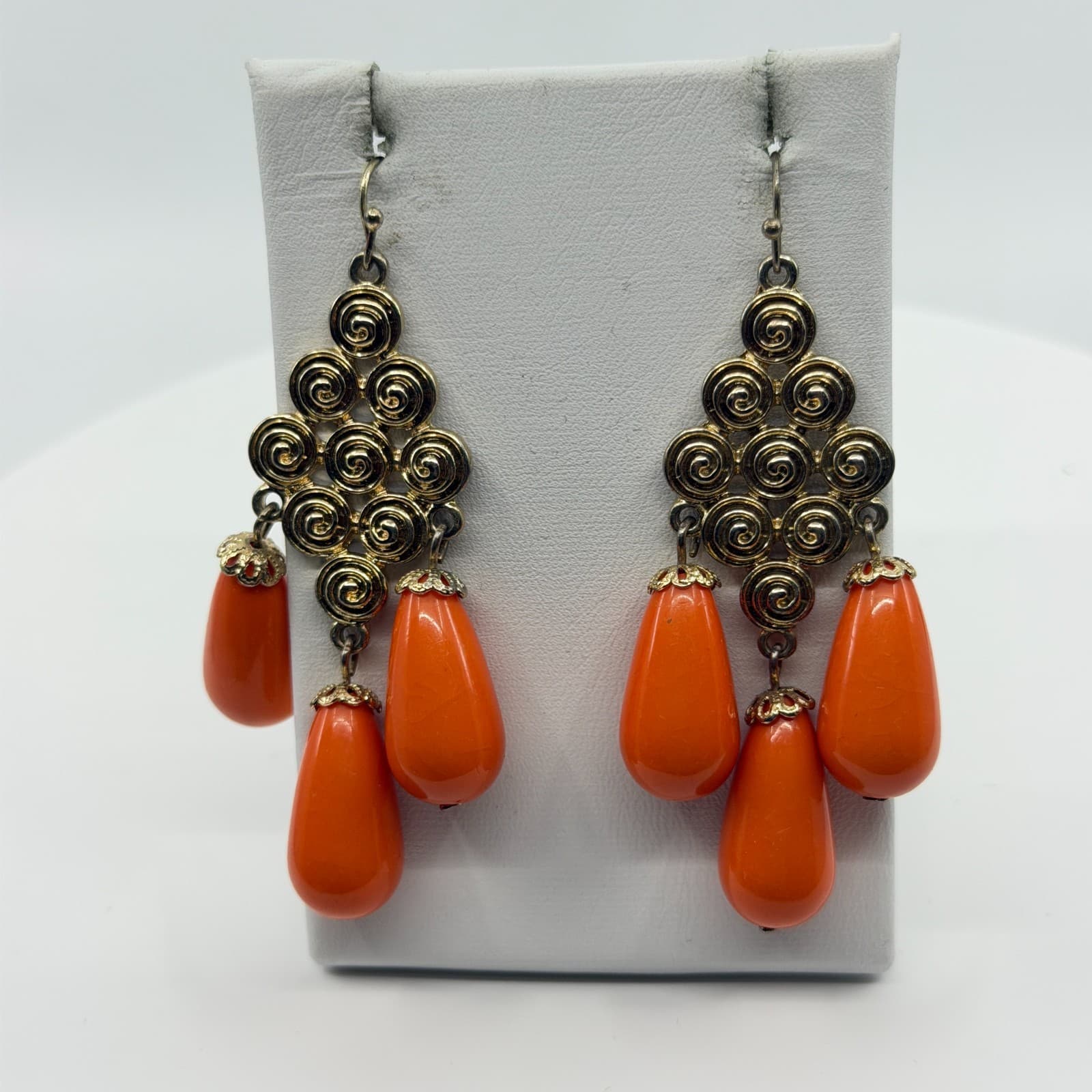Gold Tone Spiral Statement Dangle Earrings With Bright Orange Teardrop Accents - Thumbnail 13