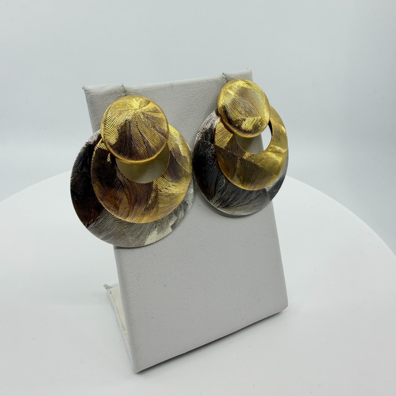 Mixed Metal Two-Tone Textured Statement Stud Earrings Modern Geometric Jewelry - Thumbnail 3