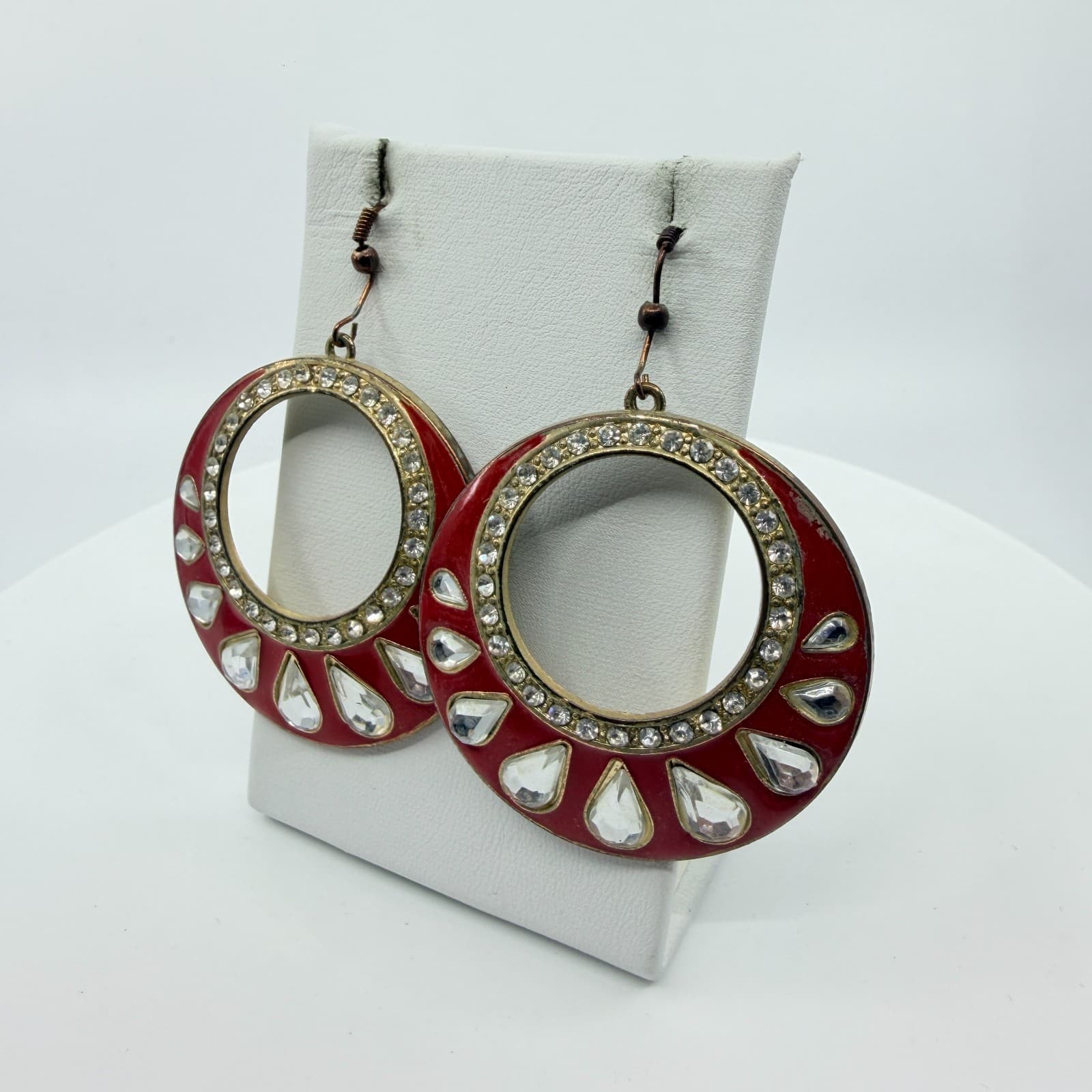 Vibrant Red Enamel Hoop Earrings Statement Crystal Boho Chic Festival Jewelry - Thumbnail 4