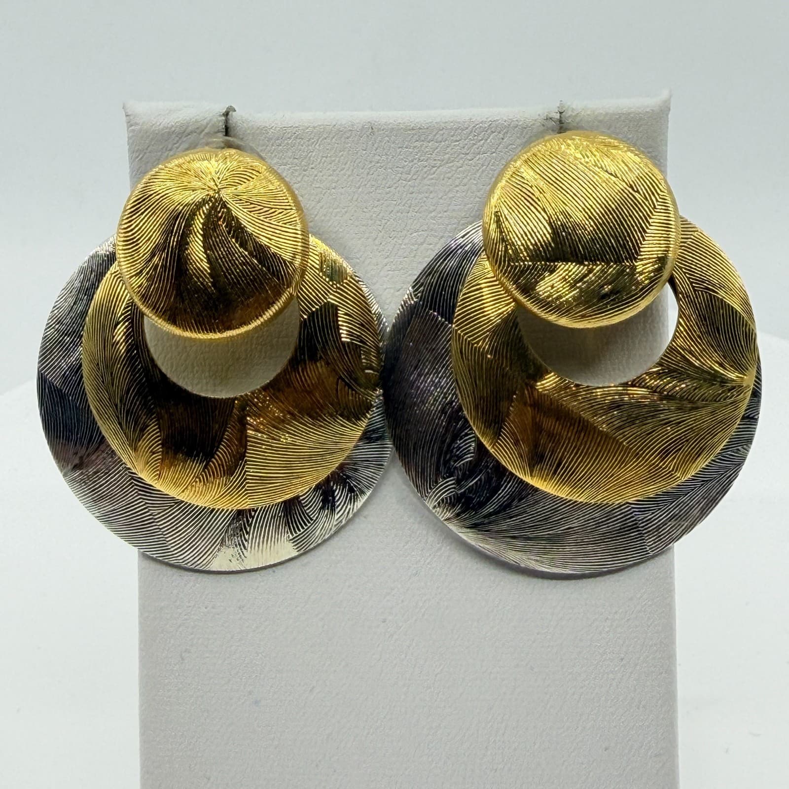 Mixed Metal Two-Tone Textured Statement Stud Earrings Modern Geometric Jewelry - Thumbnail 6