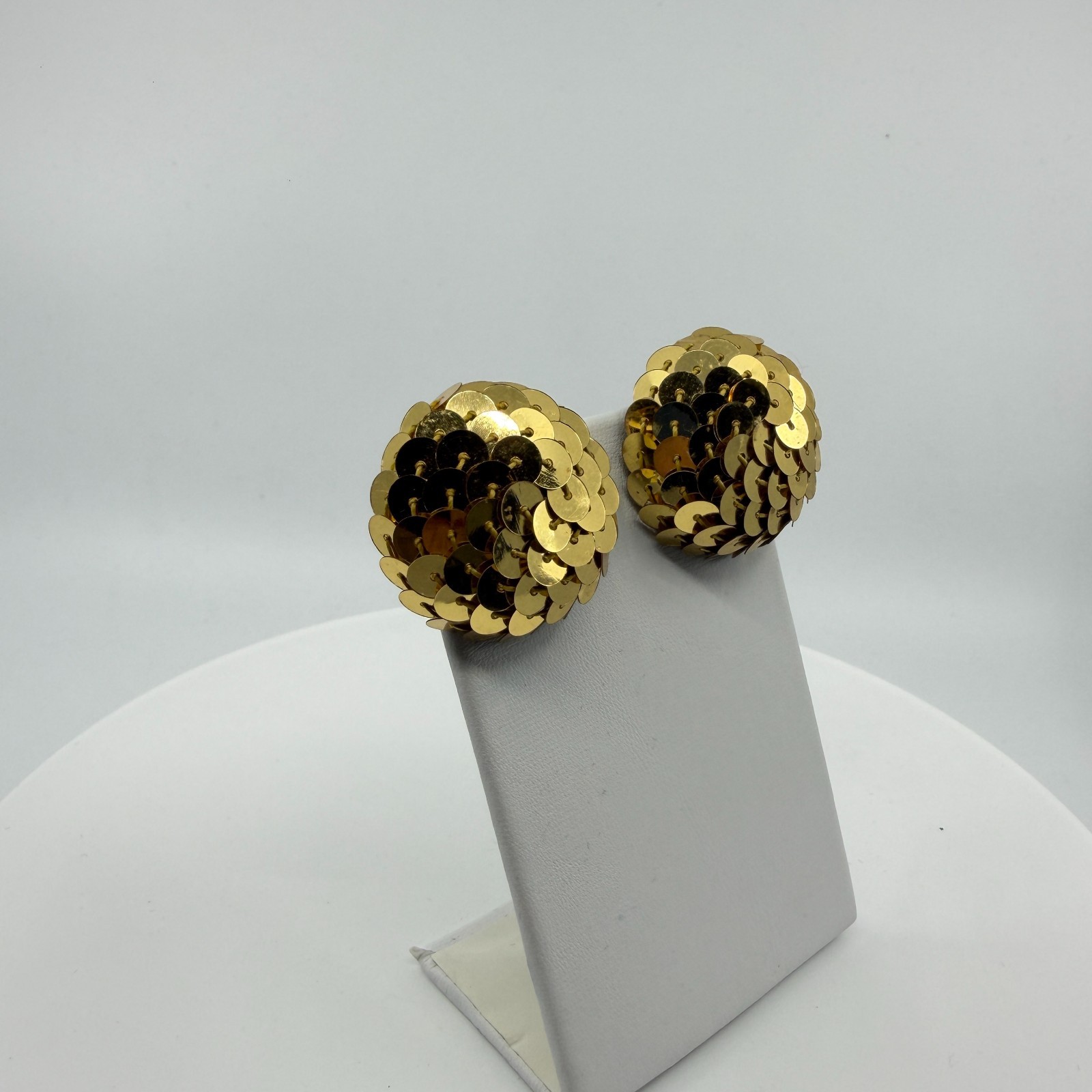Gold Tone Sequin Statement Stud Earrings Chunky Disco Glam Festival Party Chic - Thumbnail 3