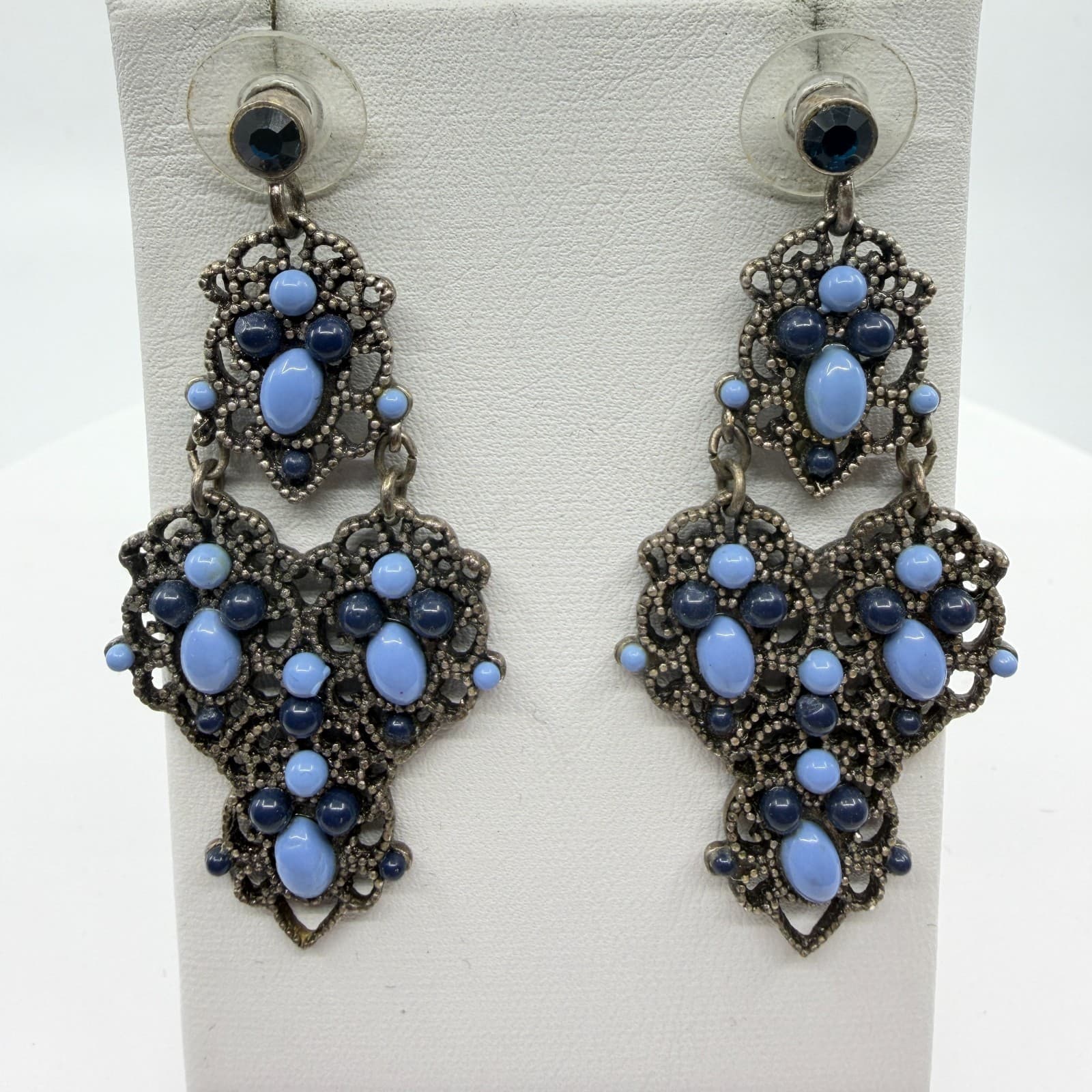 Ornate Blue Chandelier Earrings Filigree Statement Drop Bohemian Festival Gift - Thumbnail 2
