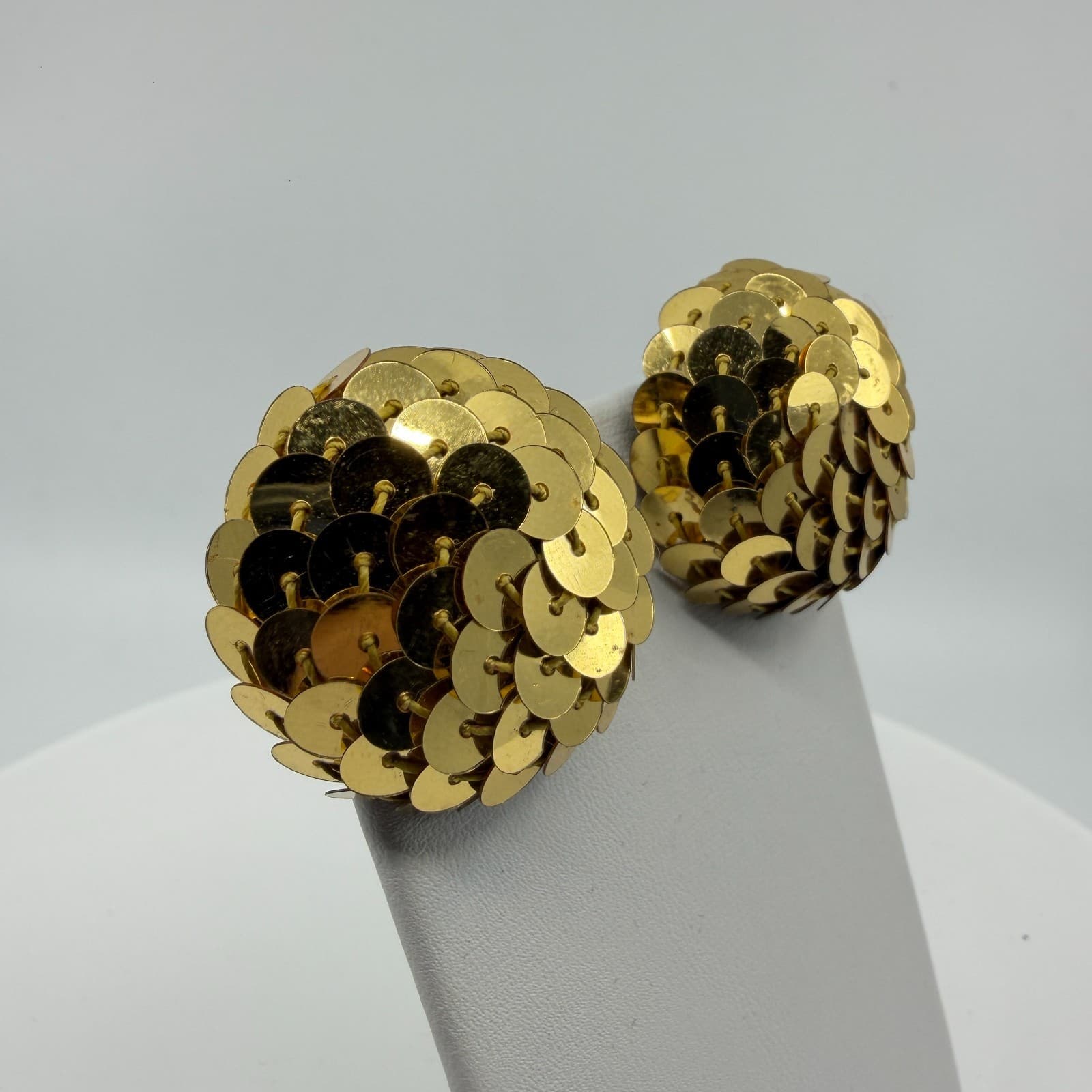 Gold Tone Sequin Statement Stud Earrings Chunky Disco Glam Festival Party Chic - Thumbnail 2