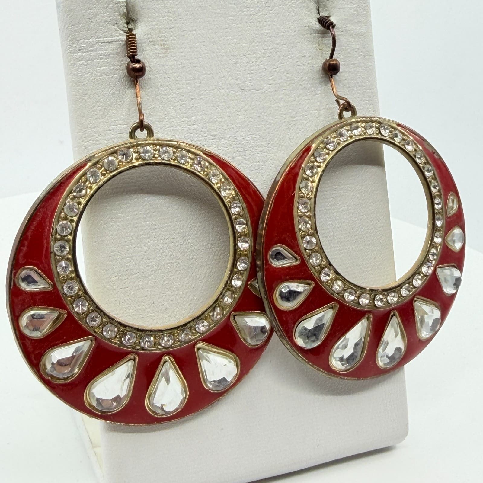Vibrant Red Enamel Hoop Earrings Statement Crystal Boho Chic Festival Jewelry - Thumbnail 8