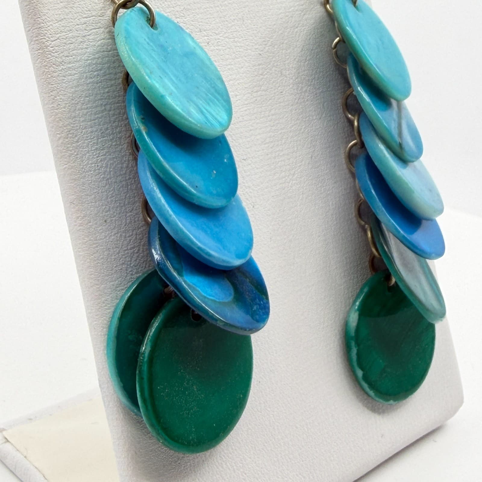 Ombre Blue Nakar Shell Disc Statement Earrings Layer Boho Festival Jewelry Gift - Thumbnail 5