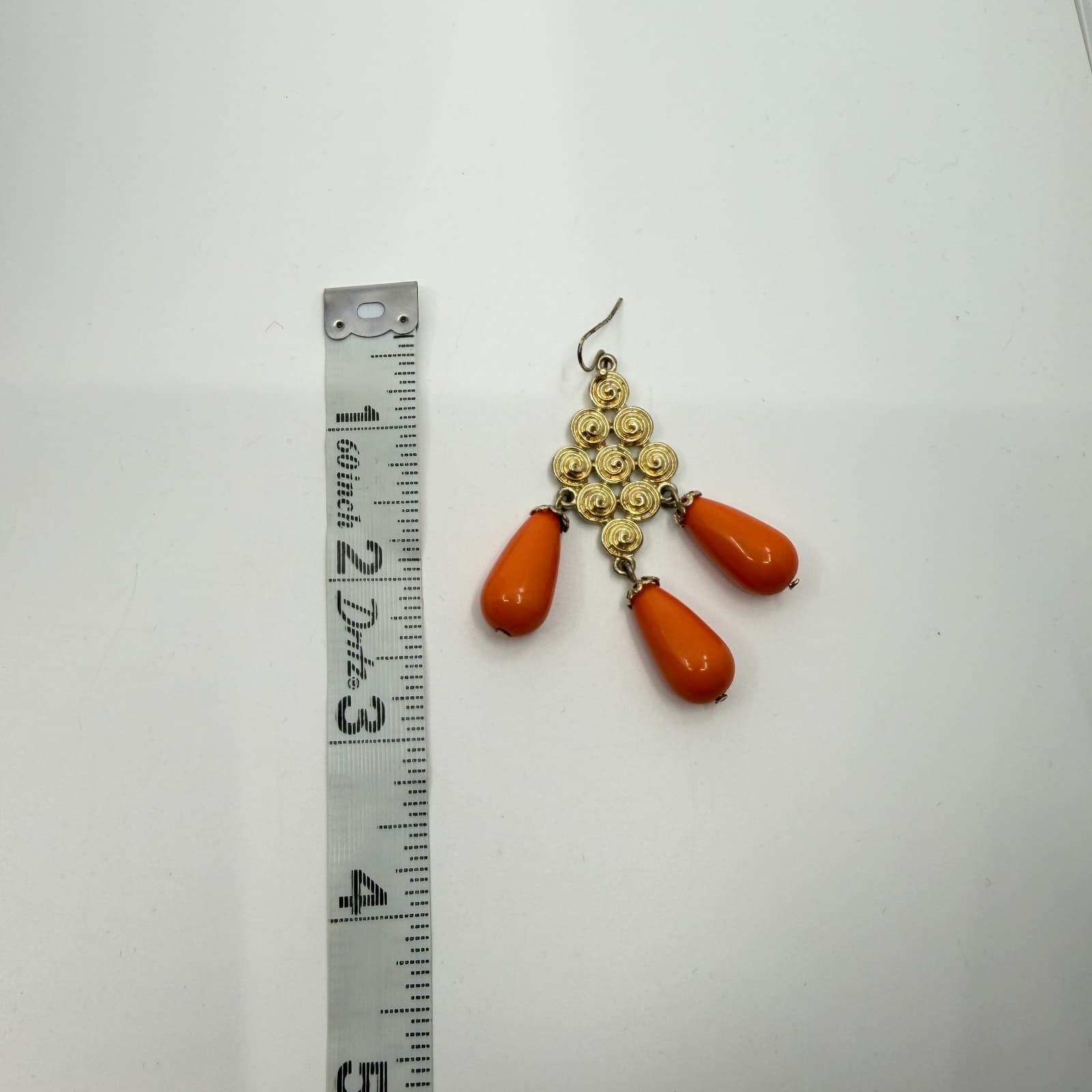 Gold Tone Spiral Statement Dangle Earrings With Bright Orange Teardrop Accents - Thumbnail 14