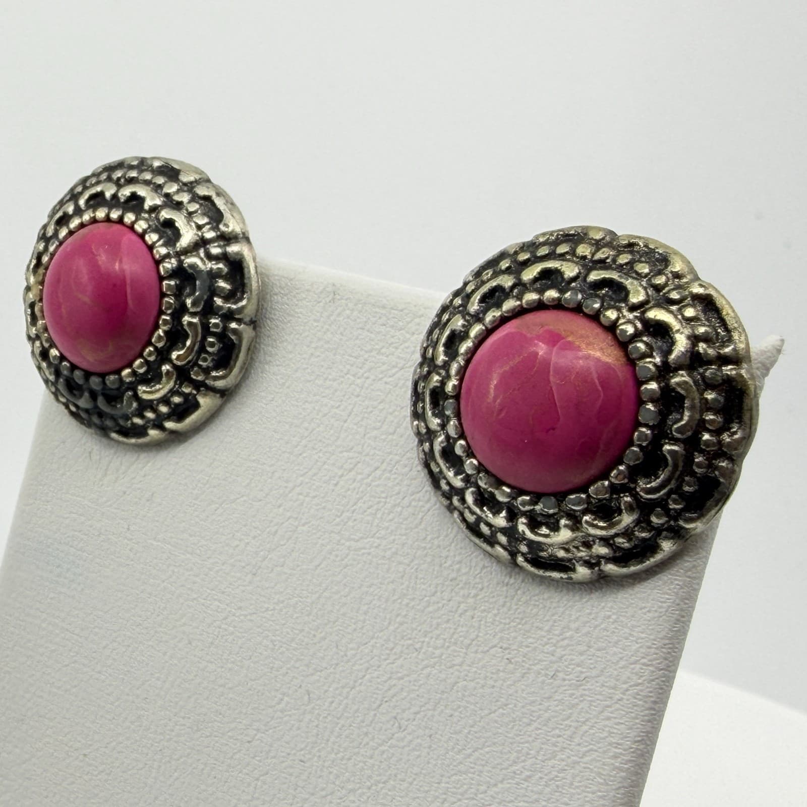 Vintage Style Pink Stone Silver Tone Ornate Clip On Stud Earrings Bohemian Chic - Thumbnail 5