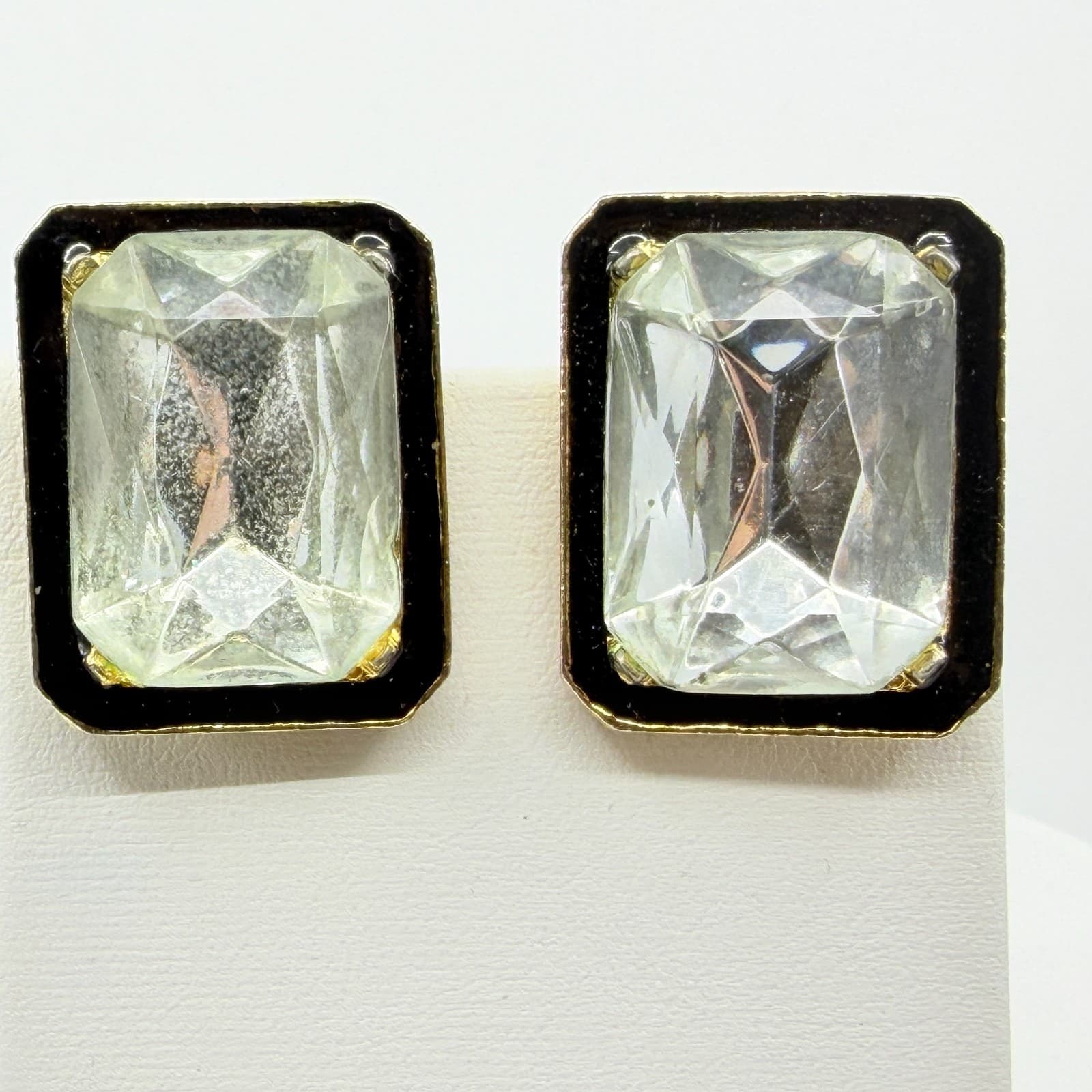 Statement Gold Tone Black Enamel Emerald Cut Clear Crystal Clip On Earrings Y2K - Thumbnail 5