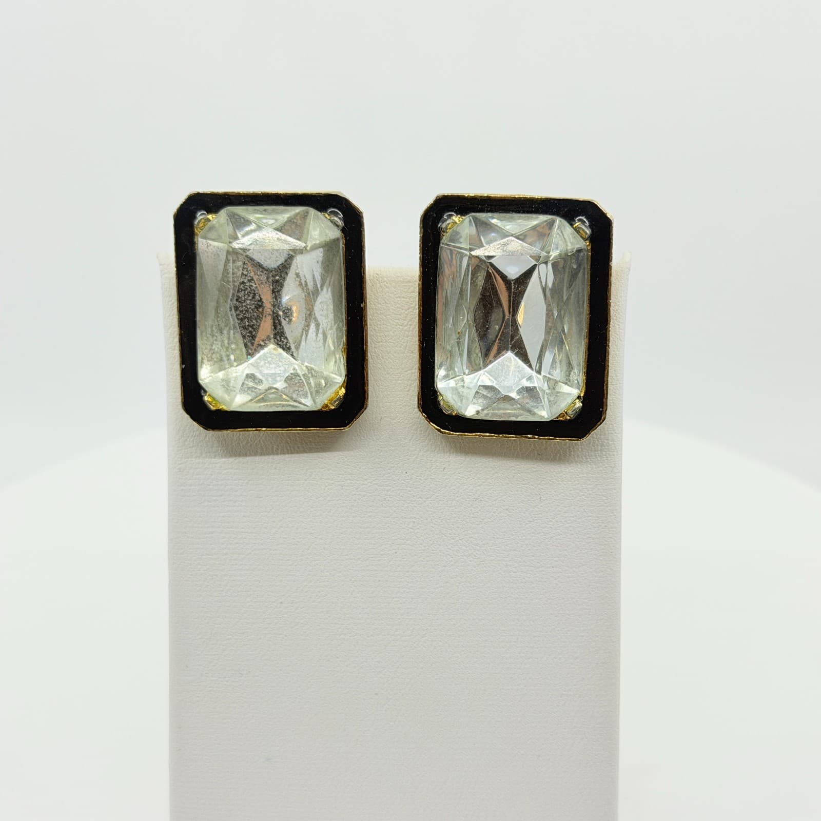 Statement Gold Tone Black Enamel Emerald Cut Clear Crystal Clip On Earrings Y2K - Thumbnail 6