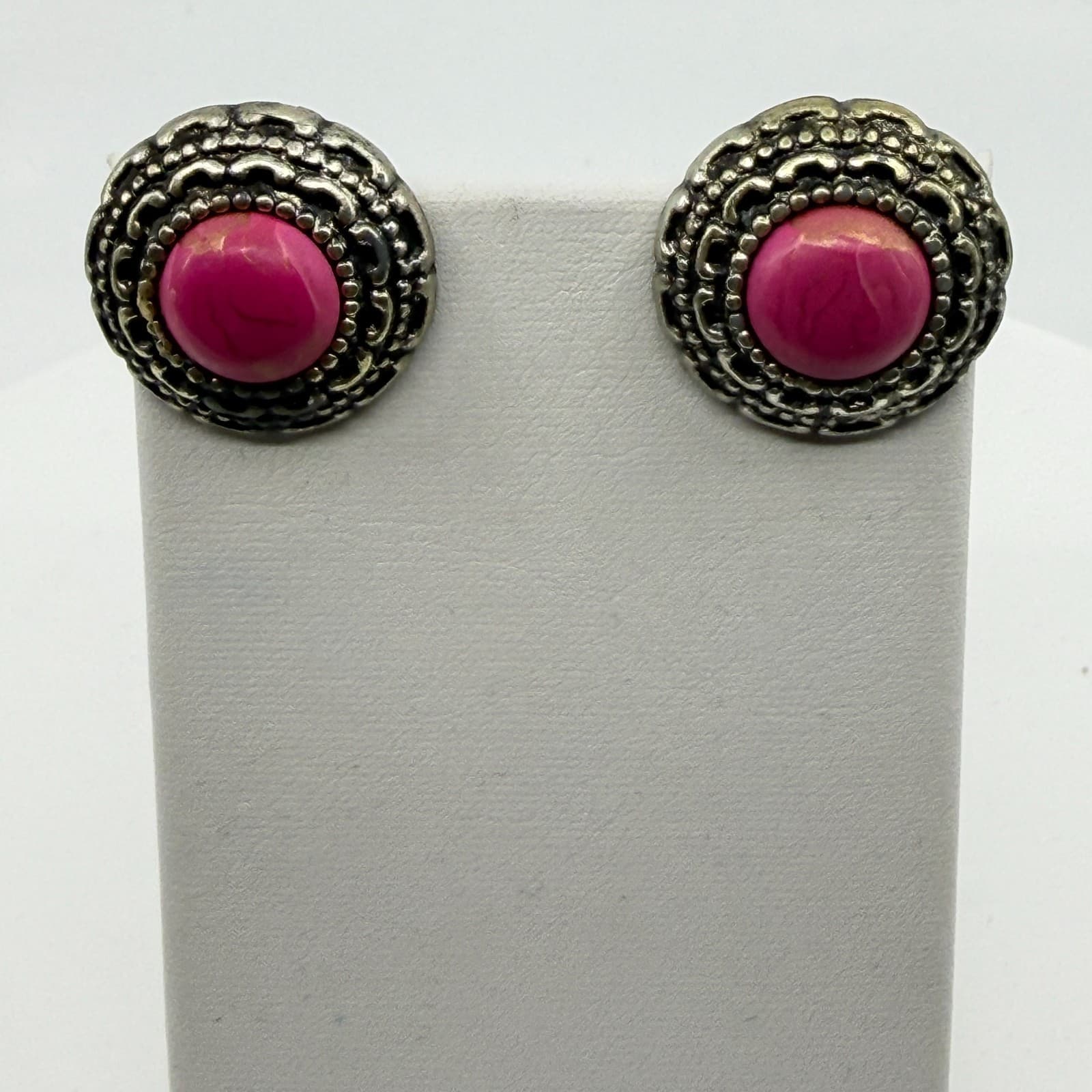 Vintage Style Pink Stone Silver Tone Ornate Clip On Stud Earrings Bohemian Chic - Thumbnail 7