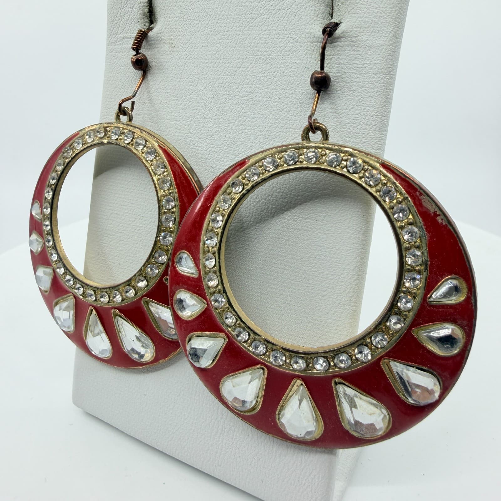 Vibrant Red Enamel Hoop Earrings Statement Crystal Boho Chic Festival Jewelry - Thumbnail 3
