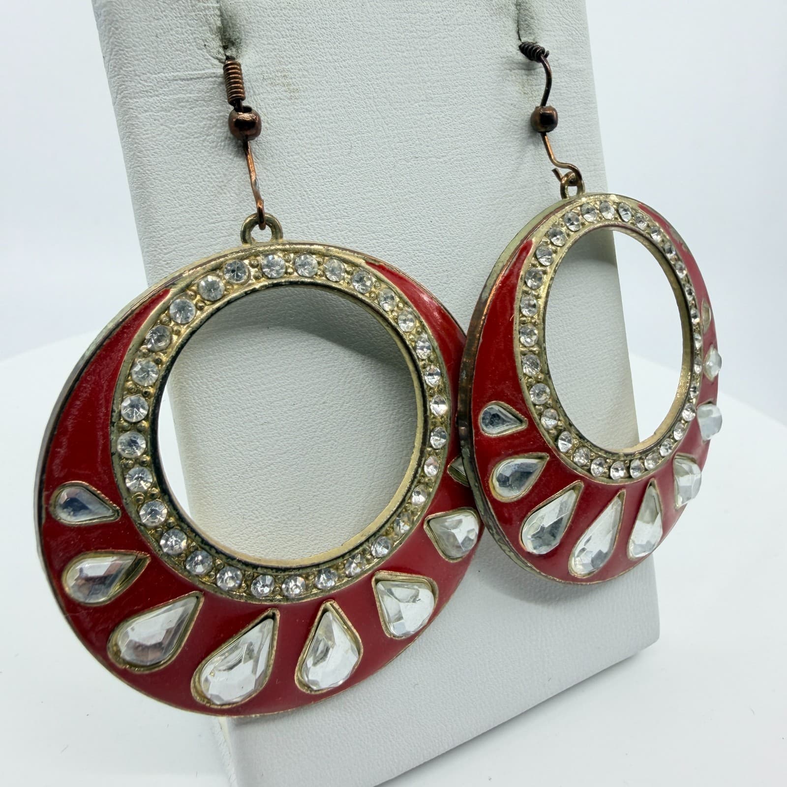 Vibrant Red Enamel Hoop Earrings Statement Crystal Boho Chic Festival Jewelry - Thumbnail 2