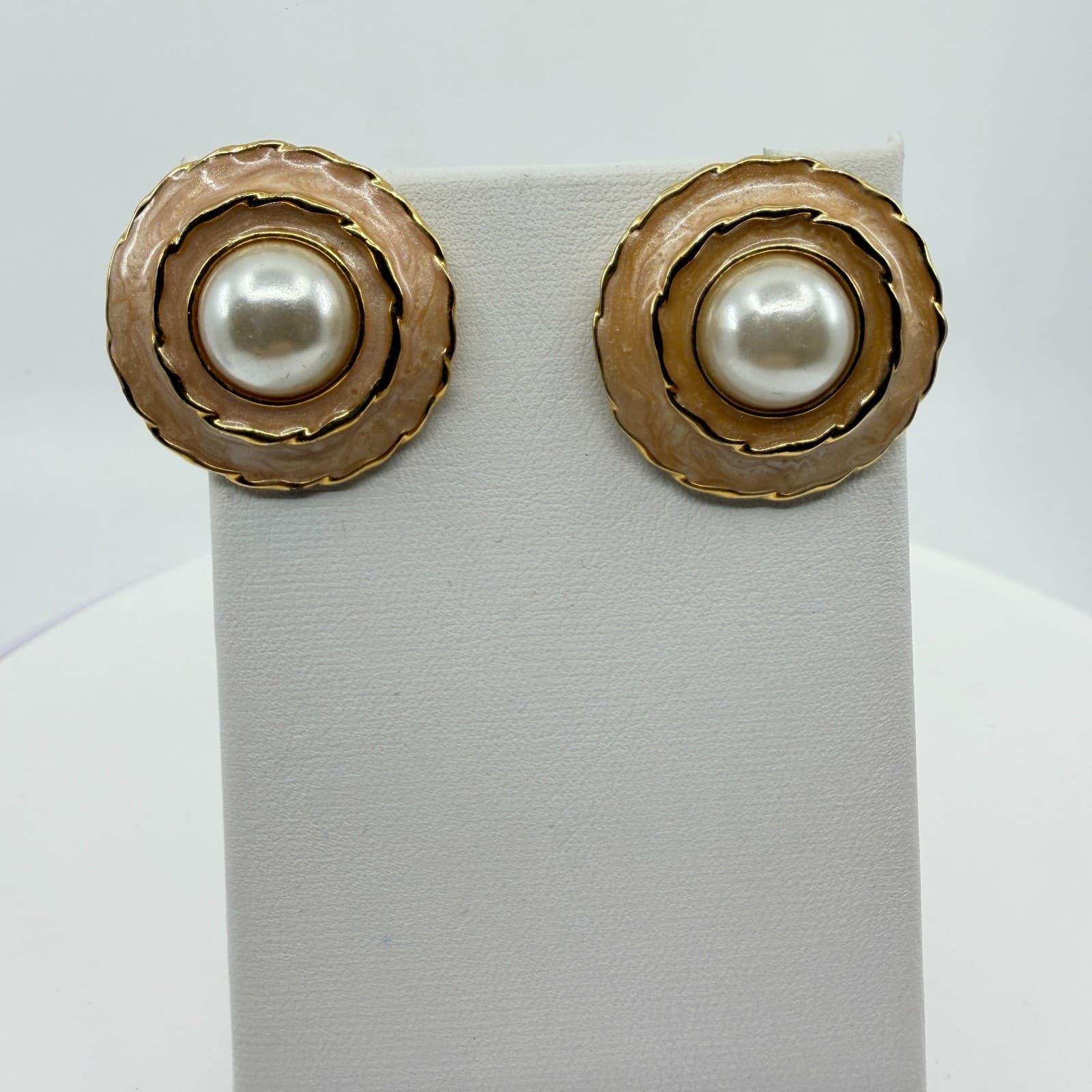 Elegant Pearl Enamel Swirl Stud Earrings Gold Tone Statement Jewelry Gift 80s - Thumbnail 5