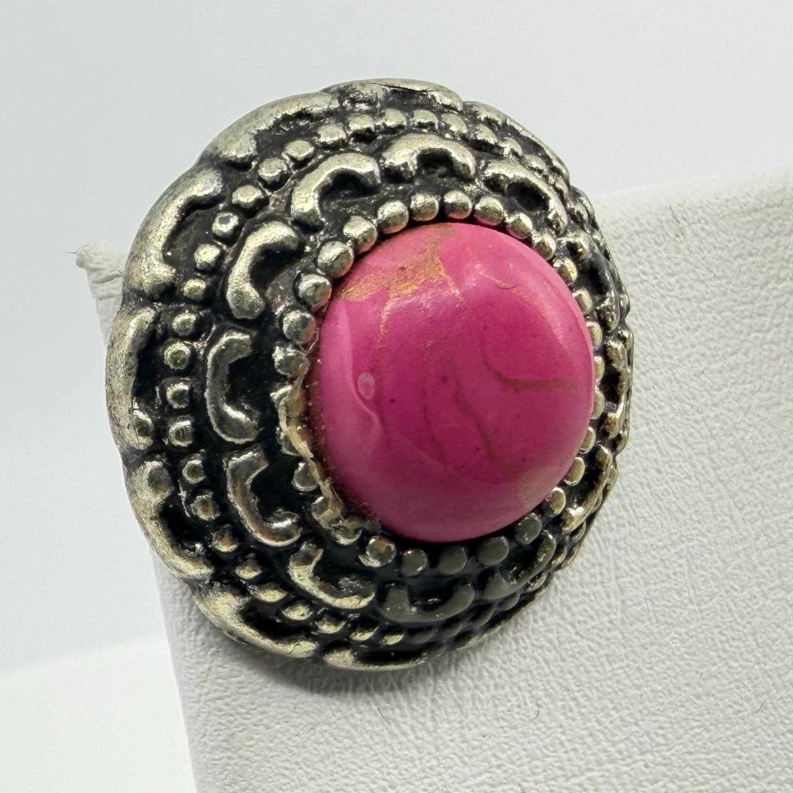 Vintage Style Pink Stone Silver Tone Ornate Clip On Stud Earrings Bohemian Chic - Thumbnail 4
