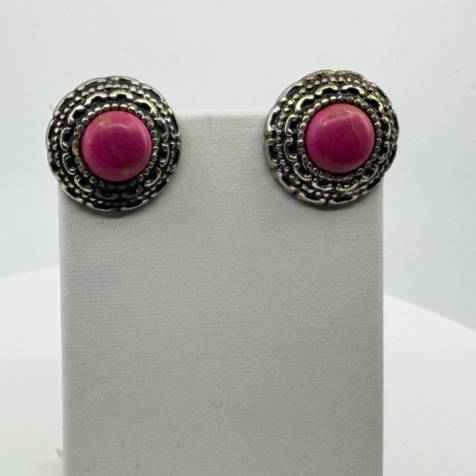 Vintage Style Pink Stone Silver Tone Ornate Clip On Stud Earrings Bohemian Chic - Thumbnail 6