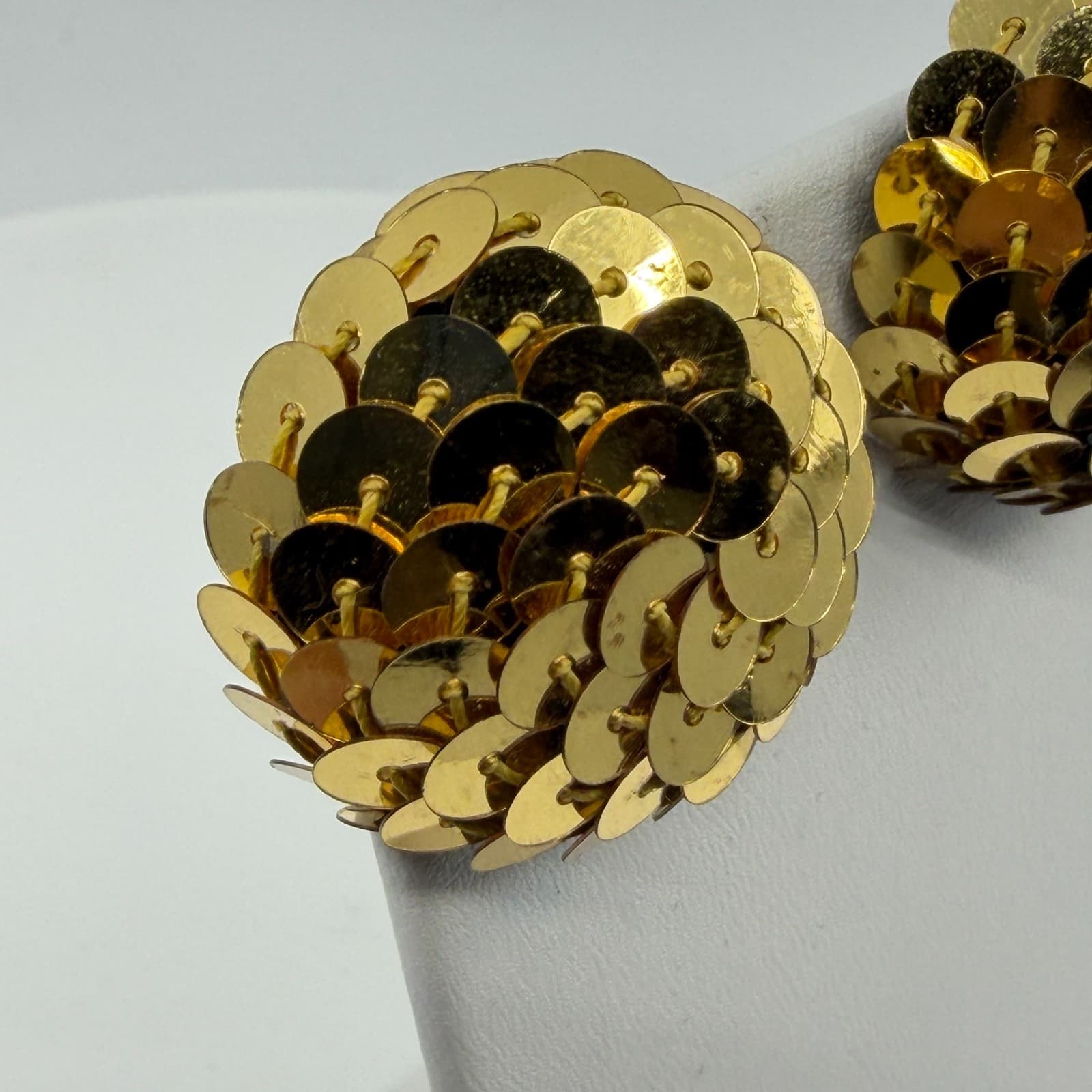 Gold Tone Sequin Statement Stud Earrings Chunky Disco Glam Festival Party Chic - Thumbnail 7