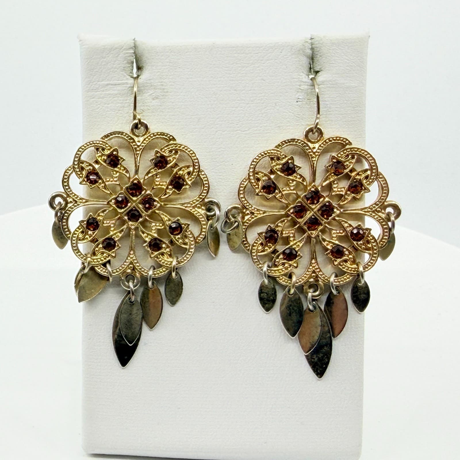 Boho Filigree Drop Earrings Gold Tone Brown Crystal Dangle Statement Jewelry - Thumbnail 2