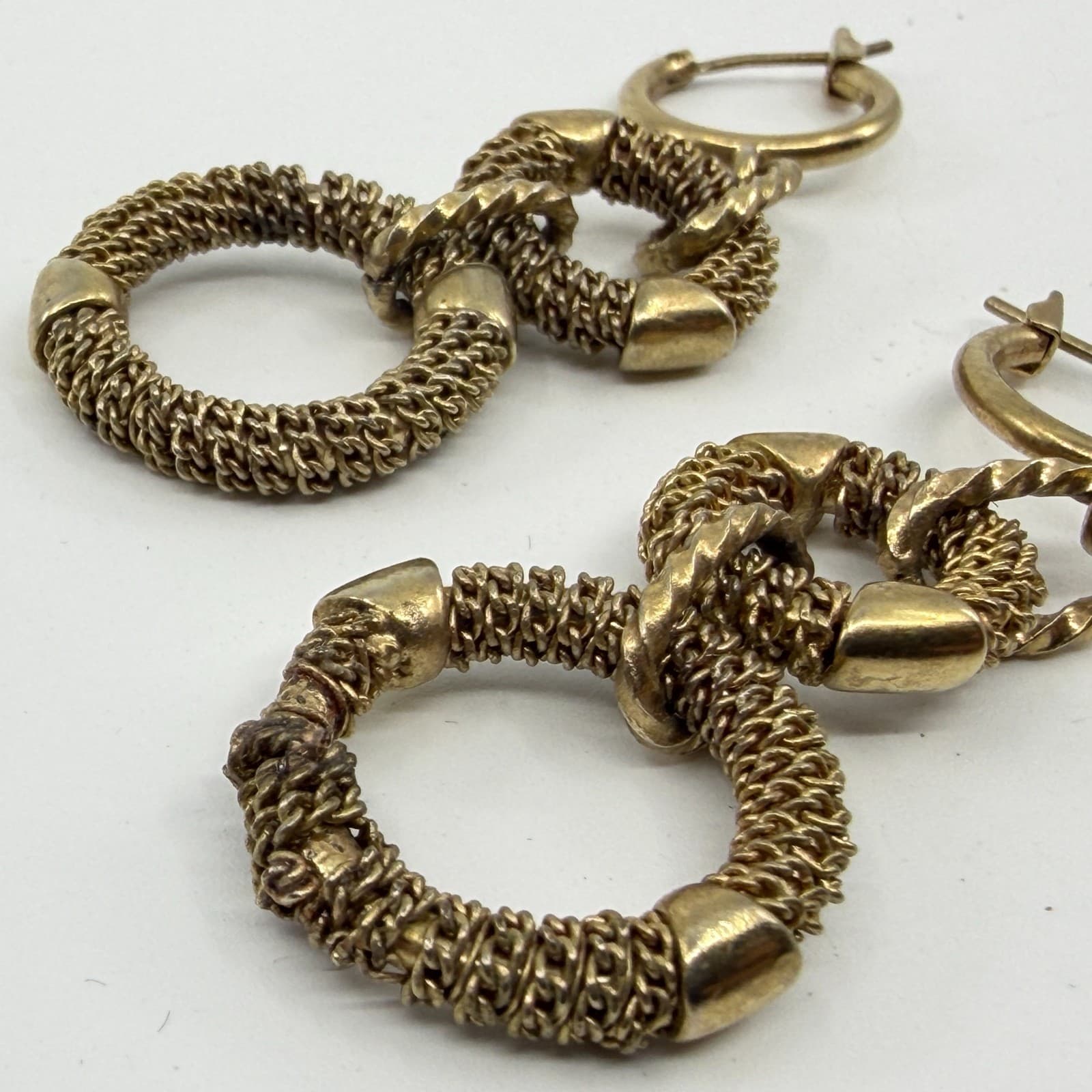 Gold Tone Textured Double Hoop Drop Earrings Statement Chunky Festival Chic Gift - Thumbnail 2