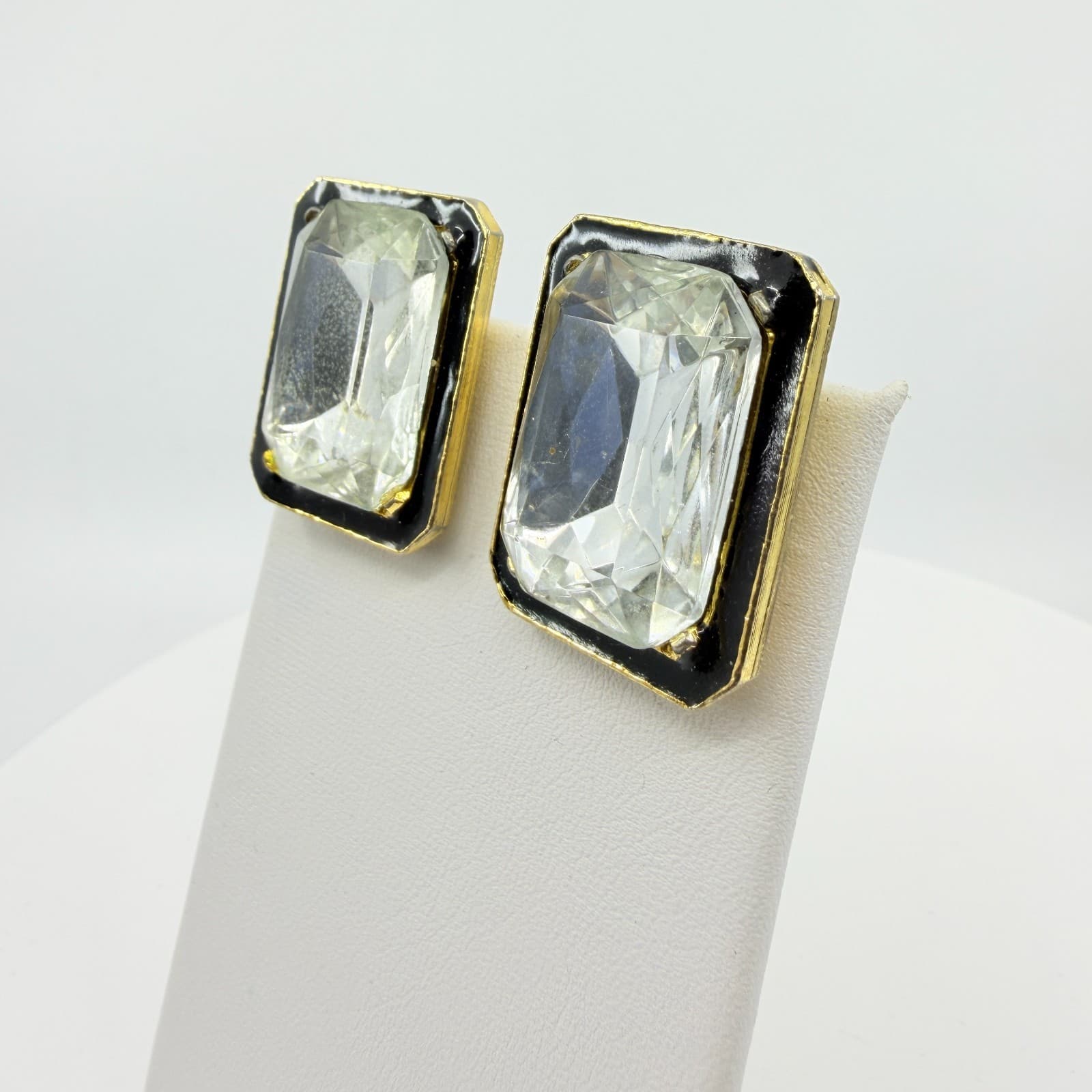 Statement Gold Tone Black Enamel Emerald Cut Clear Crystal Clip On Earrings Y2K - Thumbnail 3