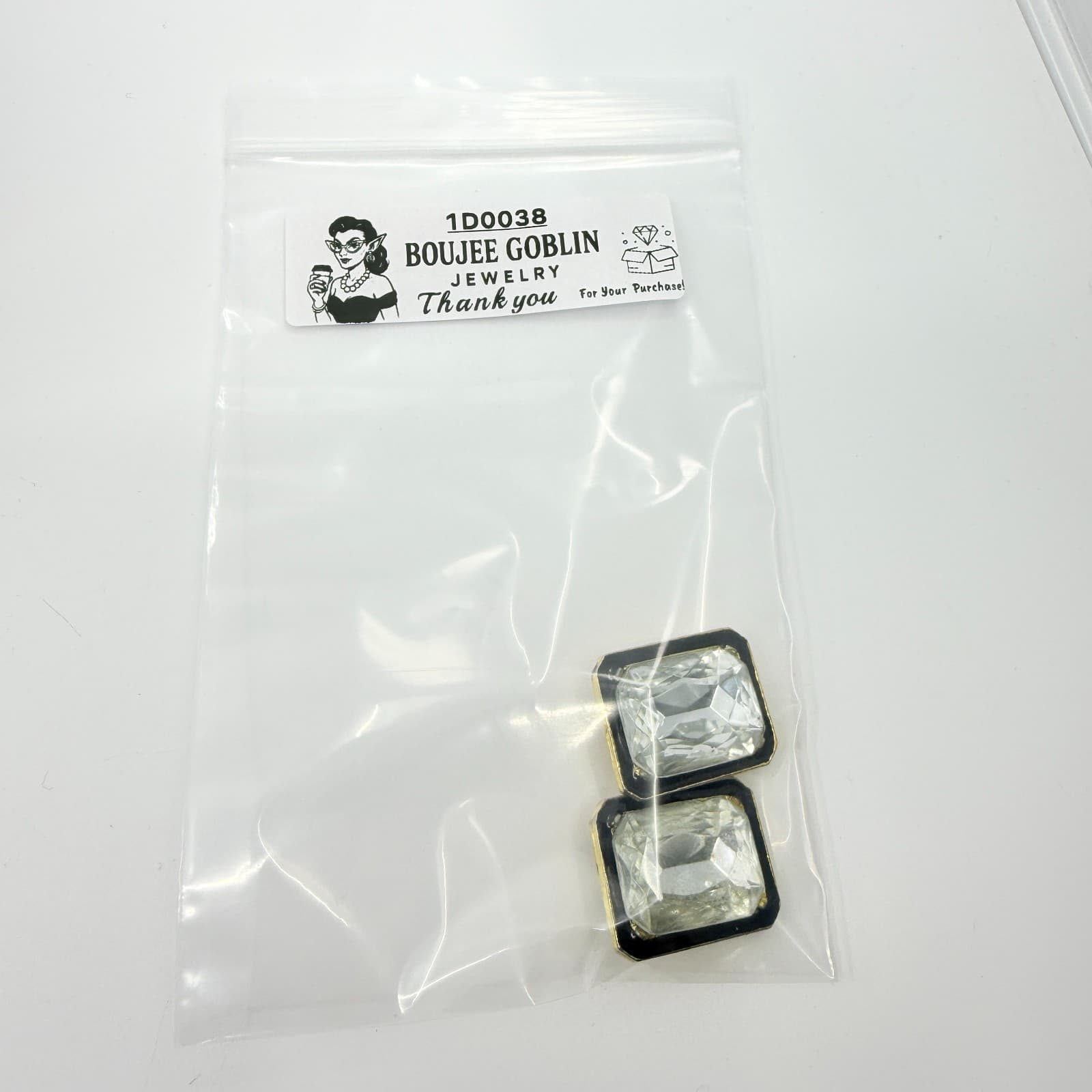 Statement Gold Tone Black Enamel Emerald Cut Clear Crystal Clip On Earrings Y2K - Thumbnail 9