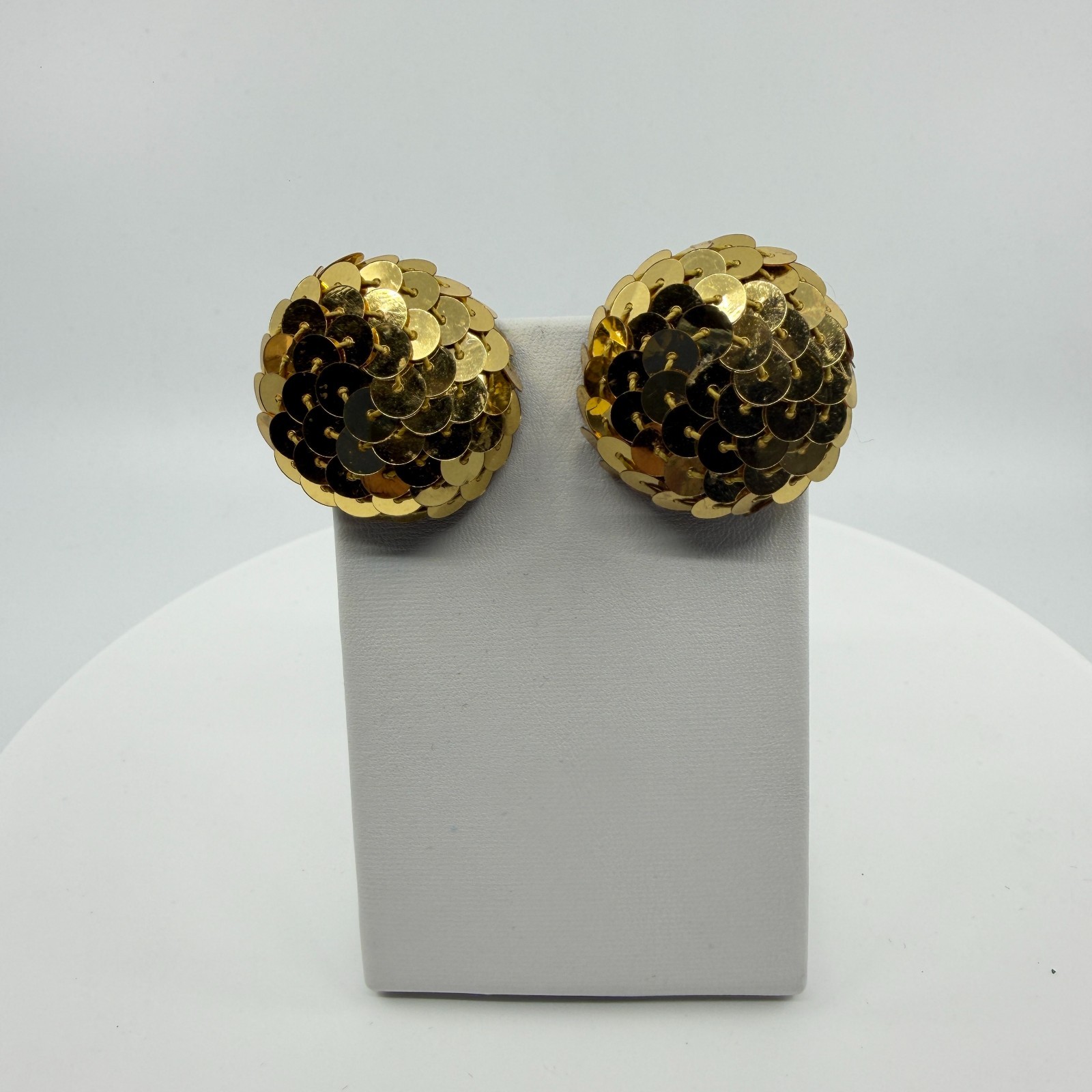 Gold Tone Sequin Statement Stud Earrings Chunky Disco Glam Festival Party Chic - Thumbnail 5