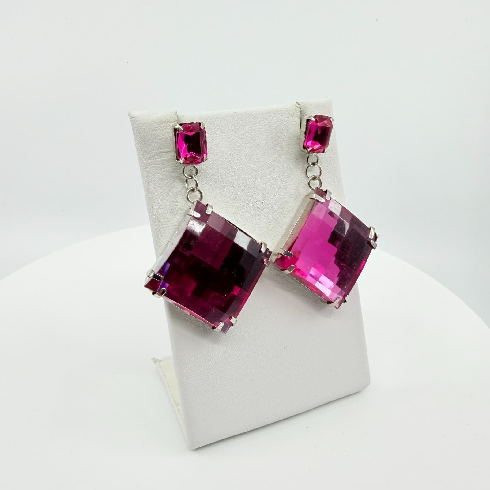 Hot Pink Crystal Statement Drop Earrings Geometric Rhombus Y2K Glam Party Gift - Thumbnail 3
