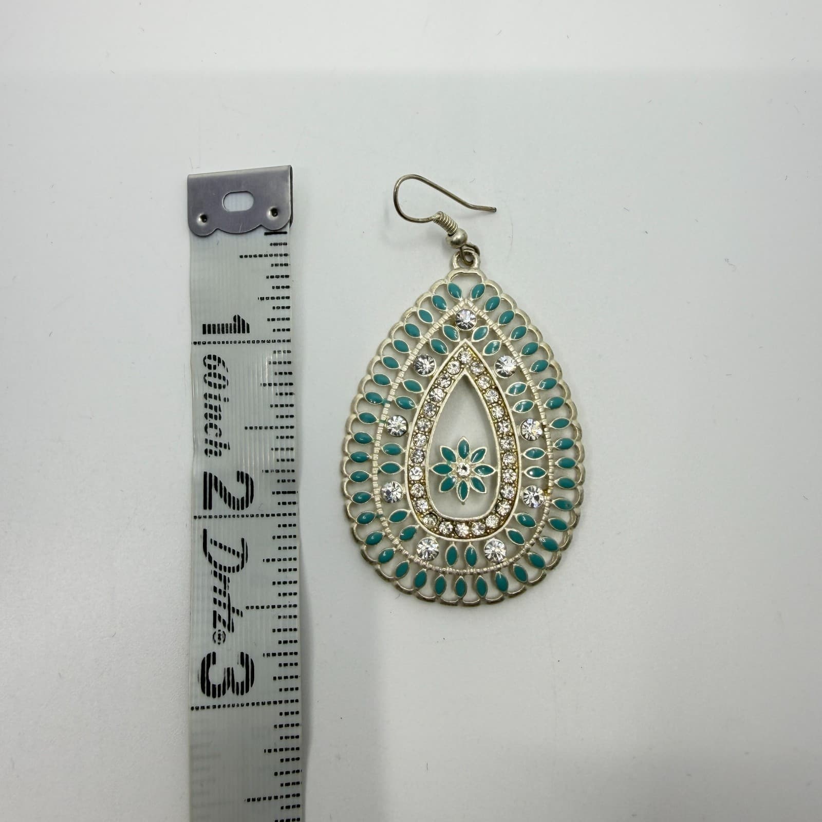 Teardrop Statement Earrings Filigree Crystal Turquoise Tone Beaded Enamel Gift - Thumbnail 8