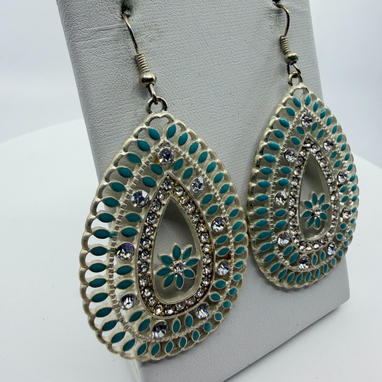 Teardrop Statement Earrings Filigree Crystal Turquoise Tone Beaded Enamel Gift - Thumbnail 4