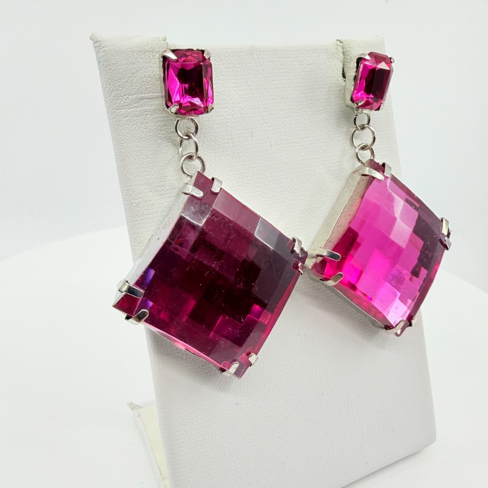 Hot Pink Crystal Statement Drop Earrings Geometric Rhombus Y2K Glam Party Gift - Thumbnail 2