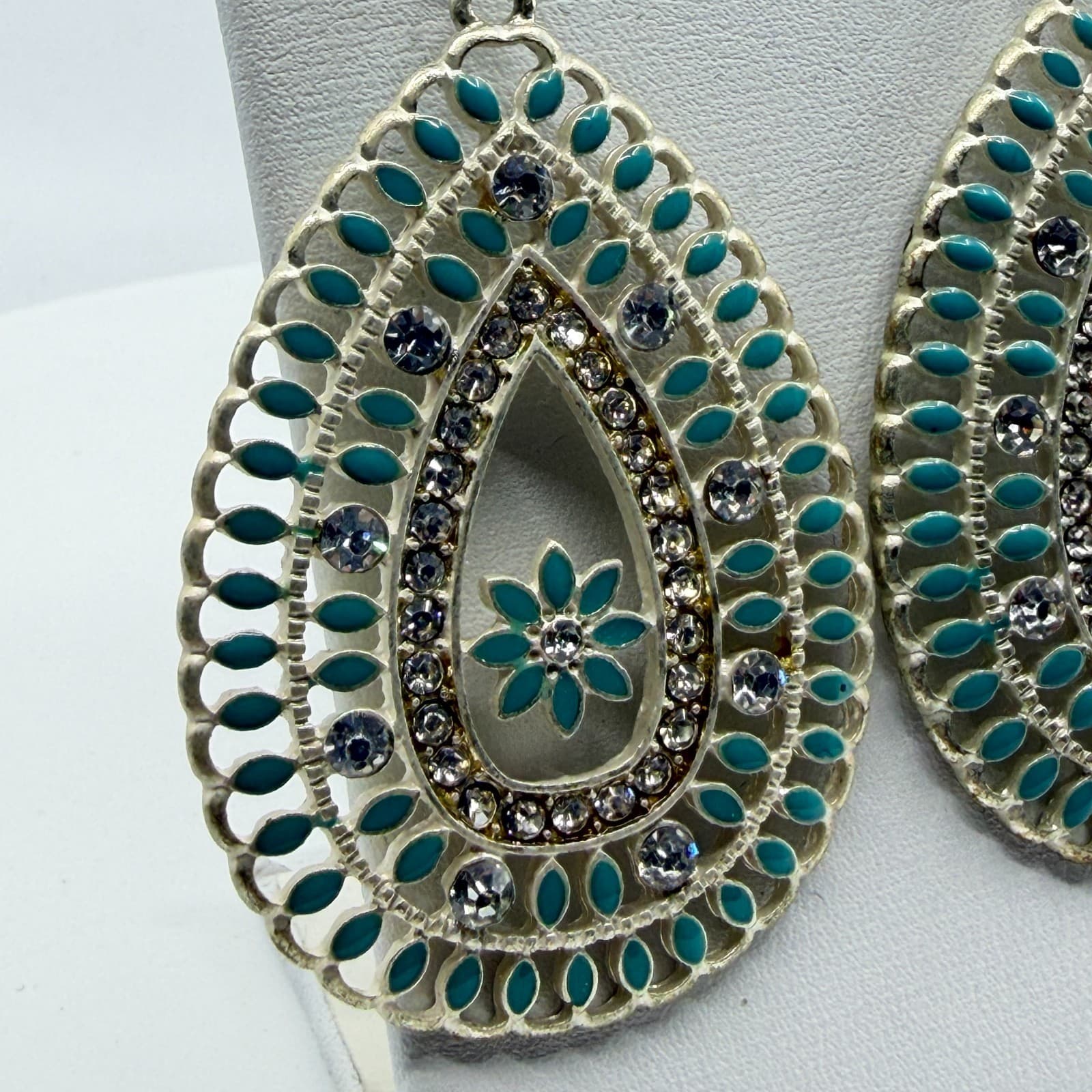 Teardrop Statement Earrings Filigree Crystal Turquoise Tone Beaded Enamel Gift - Thumbnail 5