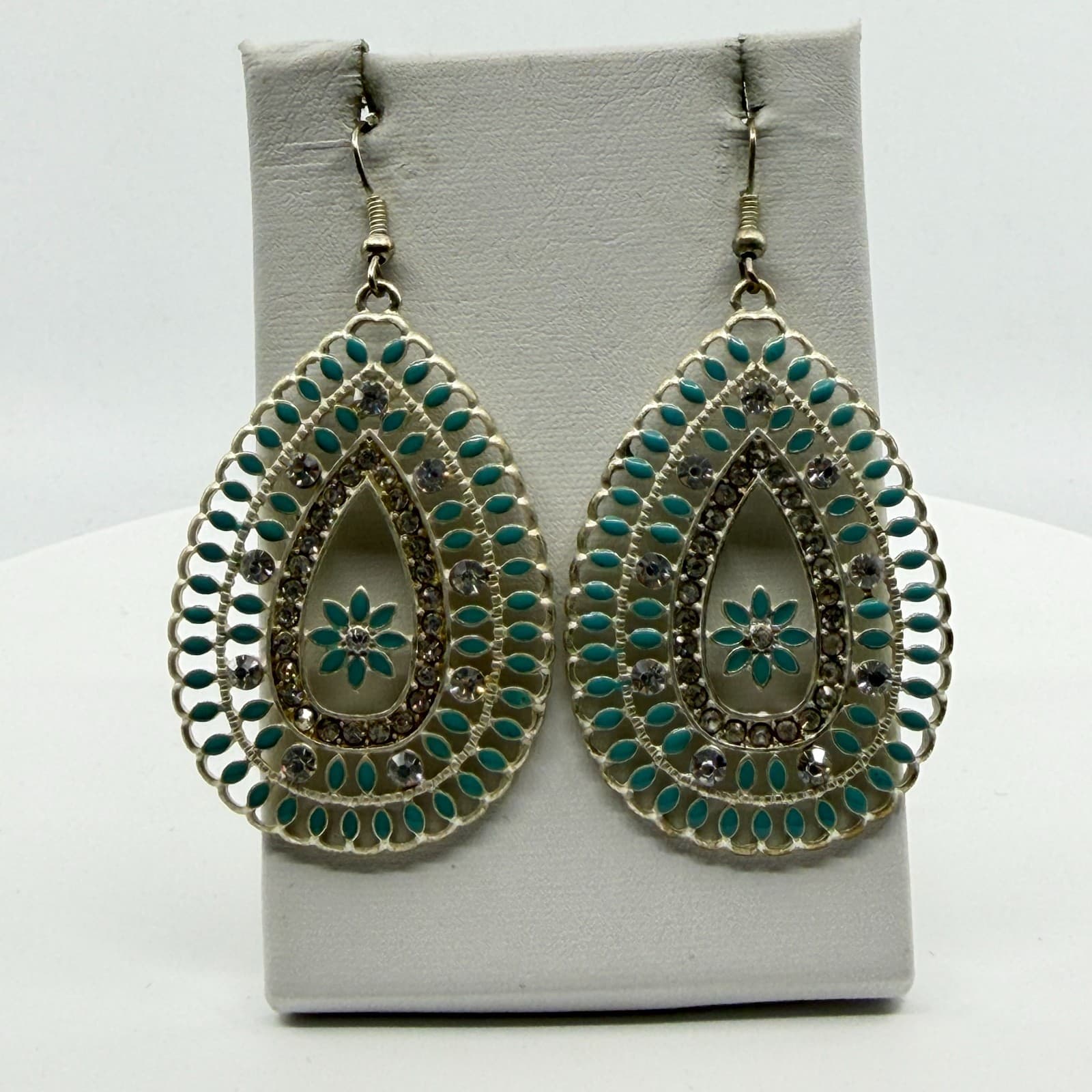 Teardrop Statement Earrings Filigree Crystal Turquoise Tone Beaded Enamel Gift - Thumbnail 2