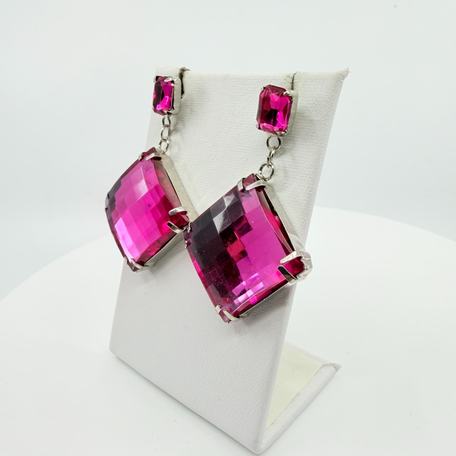 Hot Pink Crystal Statement Drop Earrings Geometric Rhombus Y2K Glam Party Gift - Thumbnail 5