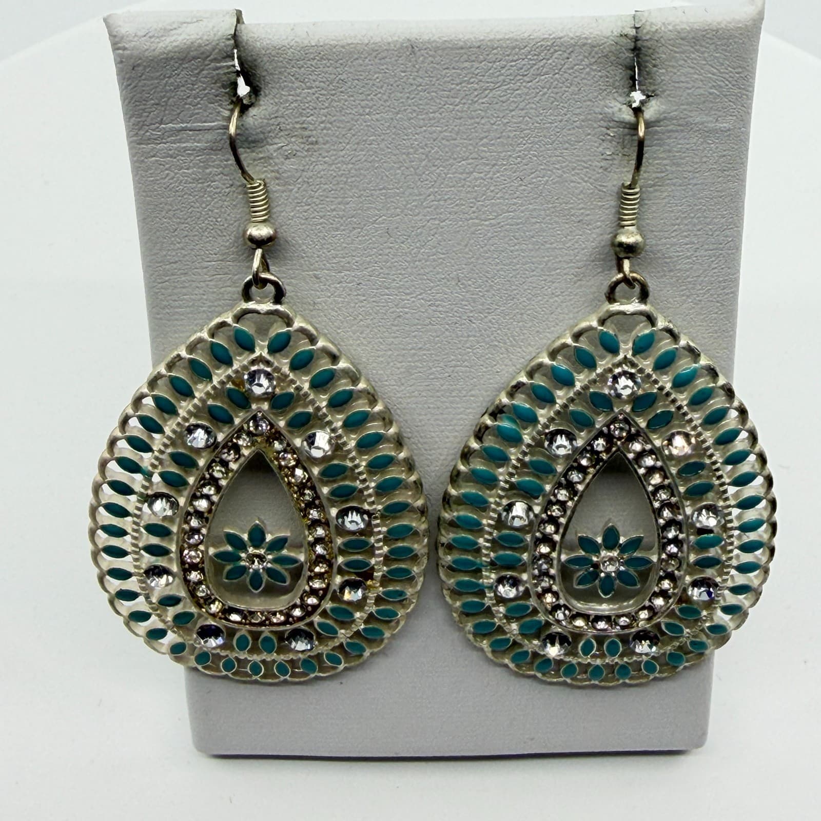 Teardrop Statement Earrings Filigree Crystal Turquoise Tone Beaded Enamel Gift - Thumbnail 7