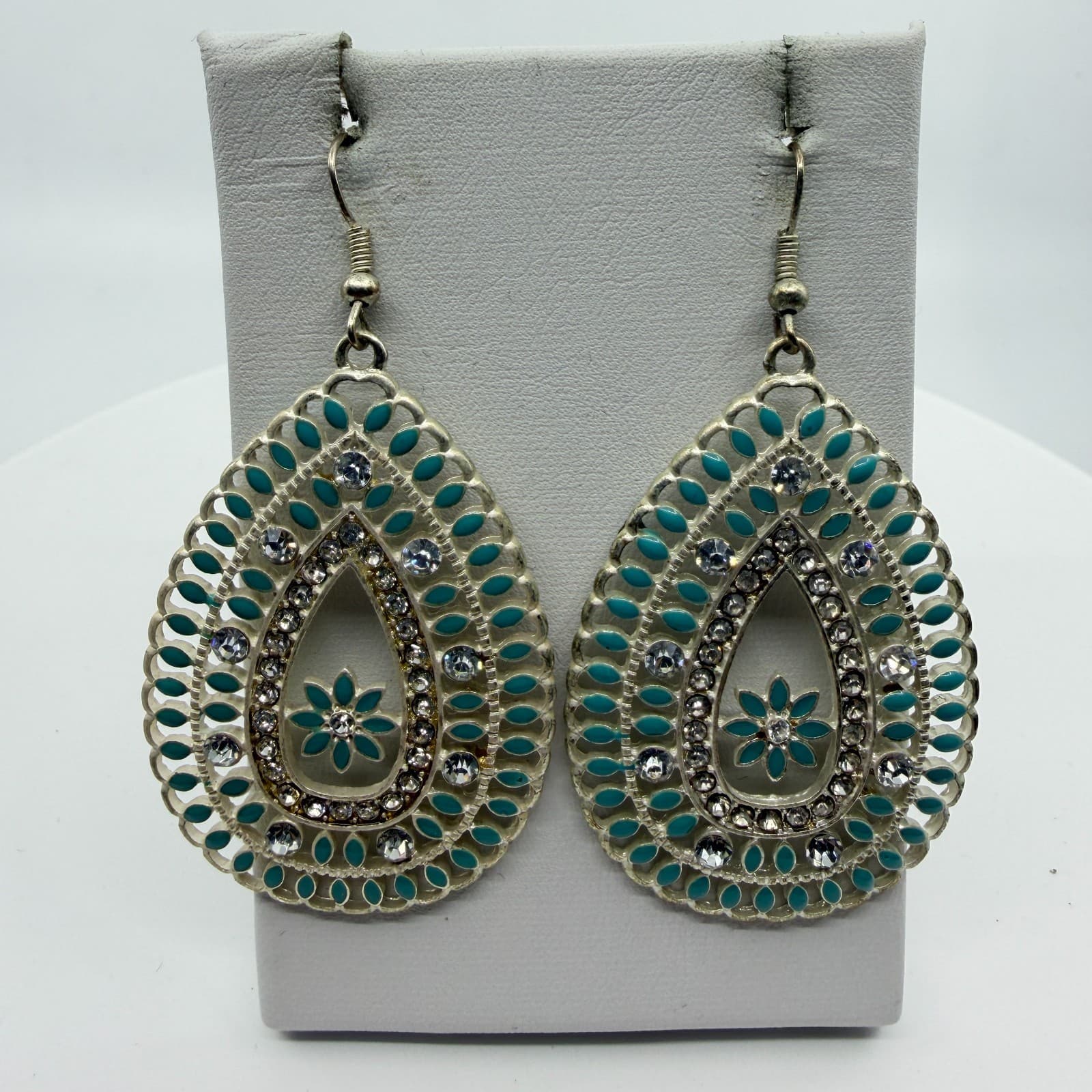 Teardrop Statement Earrings Filigree Crystal Turquoise Tone Beaded Enamel Gift - Thumbnail 3