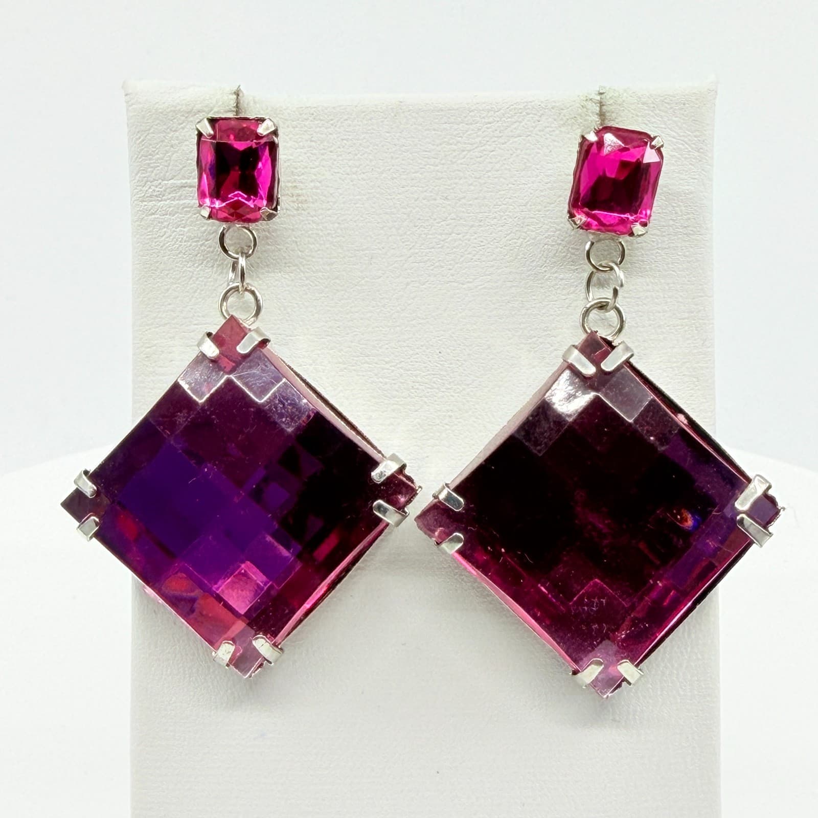 Hot Pink Crystal Statement Drop Earrings Geometric Rhombus Y2K Glam Party Gift - Thumbnail 6