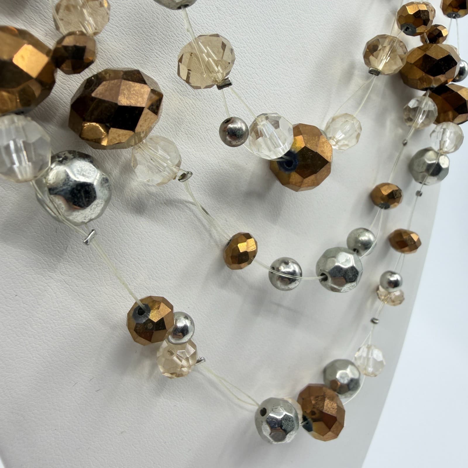 Multi Strand Beads Statement Necklace Bronze & Silver Tone Clear Crystal Layered - Thumbnail 4